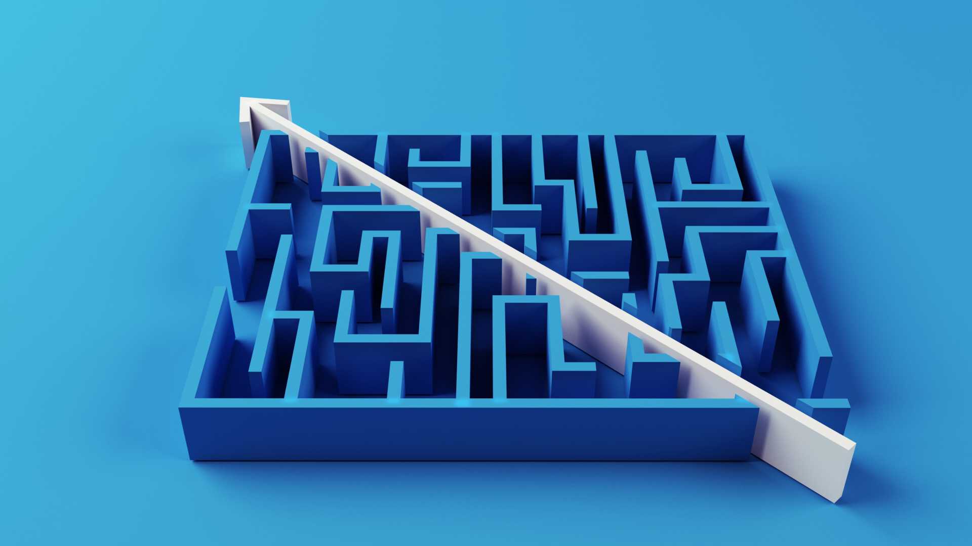 Blue maze with a giant white arrow going from the start to exit.