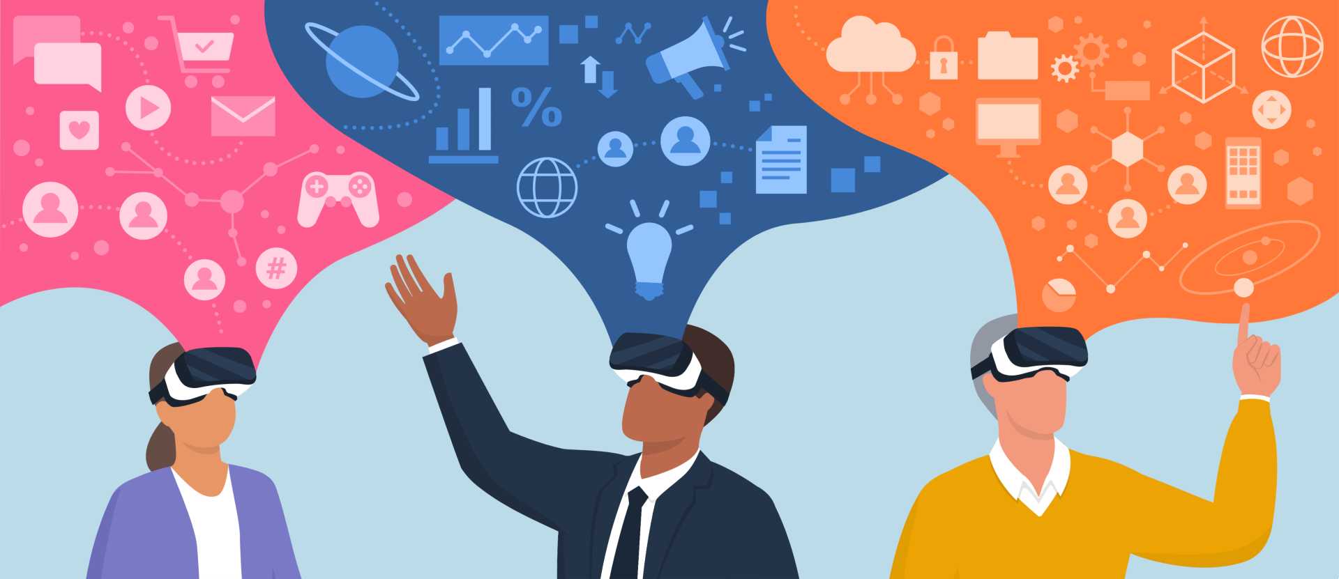 Animated work colleagues wearing VR headsets, colorful message clouds with icons