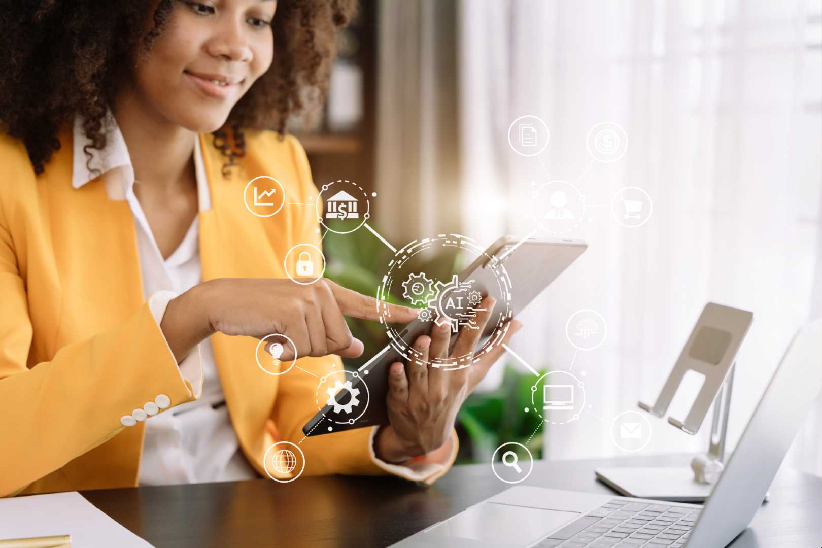 photo of a woman using a tablet with AI-related symbols overlaid