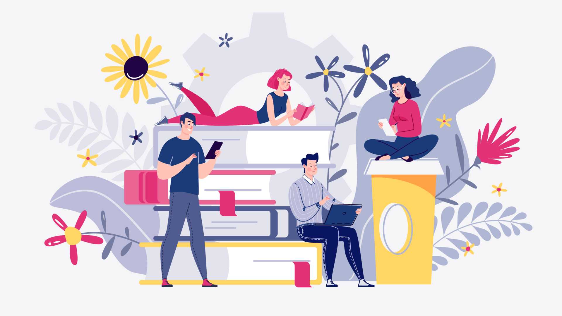 Animated people sitting on giant textbooks for learning and development sitting on coffee and sunflower against purple leaves and pink flowers.
