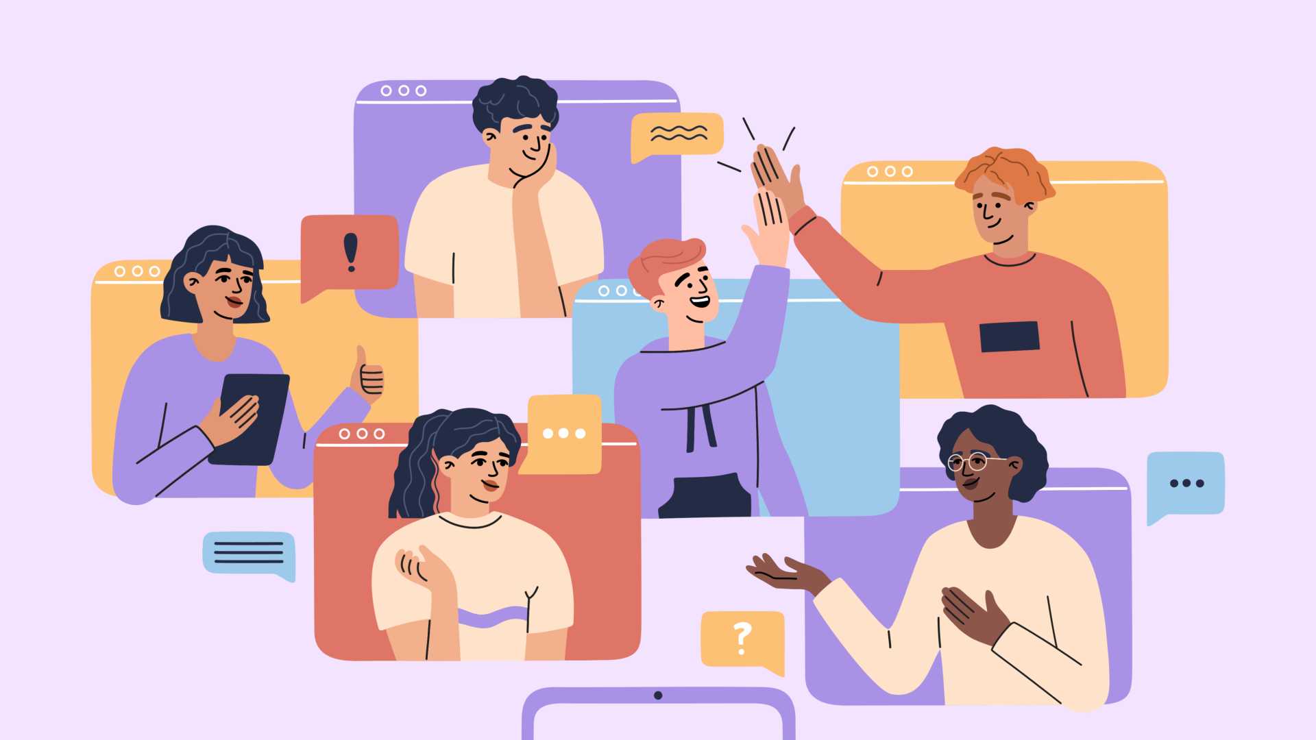 Illustration of dispersed remote and hybrid employees on distributed team communicating and collaborating in a dispersed work environment in an illustration of multicolored screens and employees with imagery and icons.