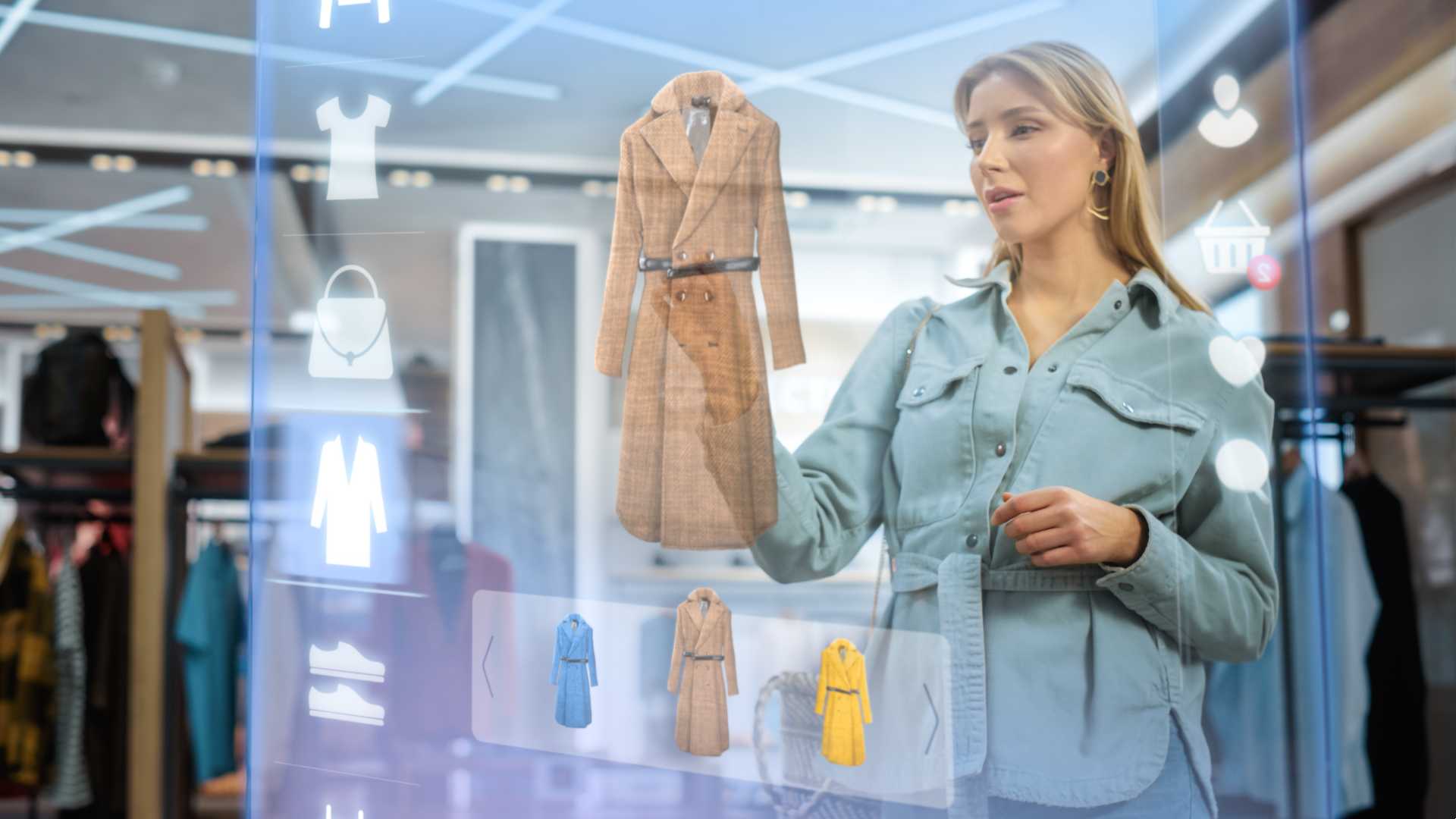 Customer Using 3D Augmented Reality Digital Interface in Modern Shopping Center. Shopper is Choosing Fashionable Bags, Stylish Garments in Clothing Store.