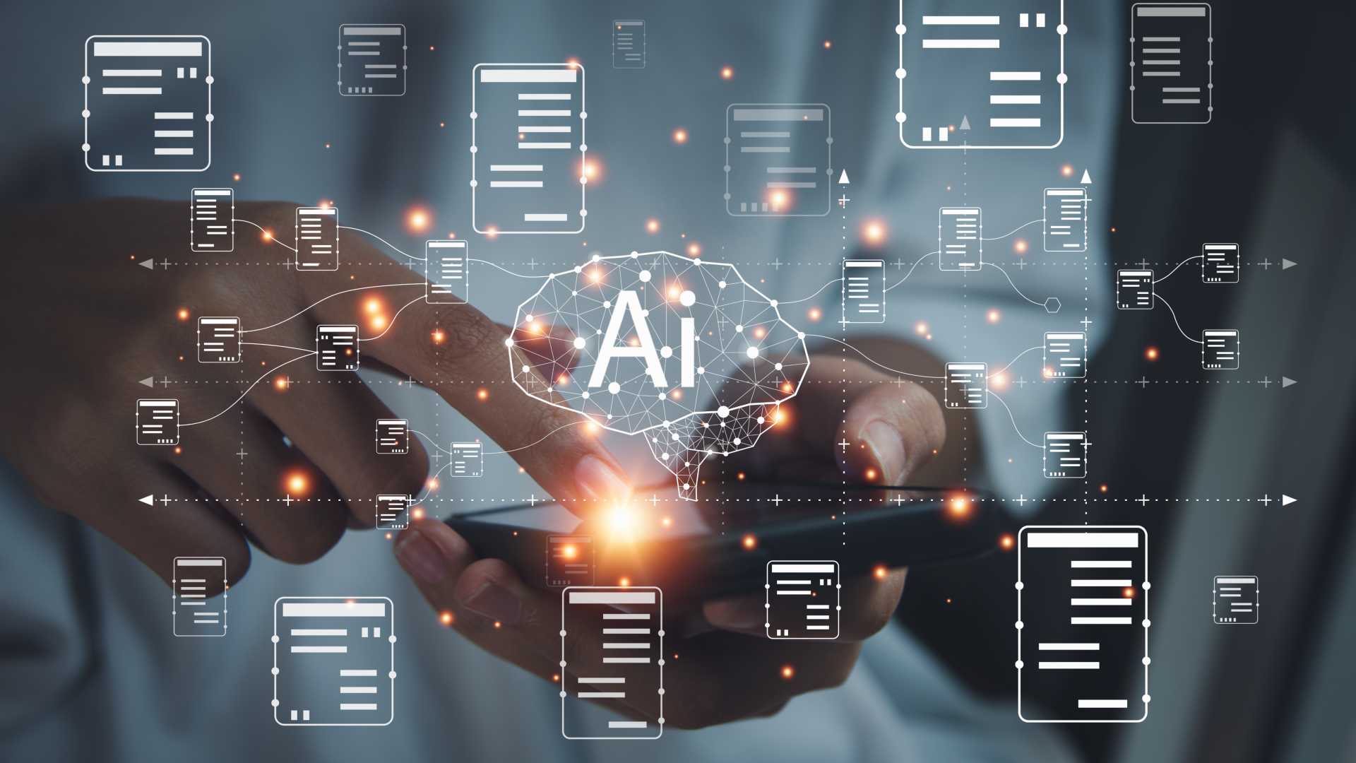 Illustration of an employee using a holographic screen with files powered by artificial intelligence (AI) in training and development.