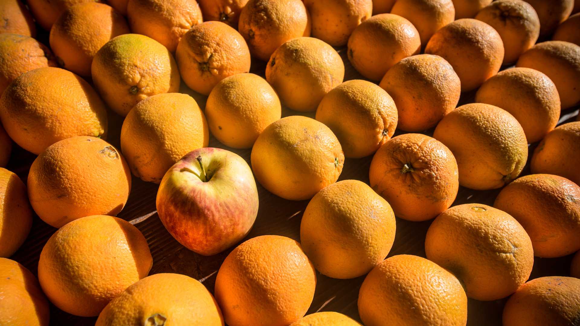 Apples and oranges on display in a grocery retail store.