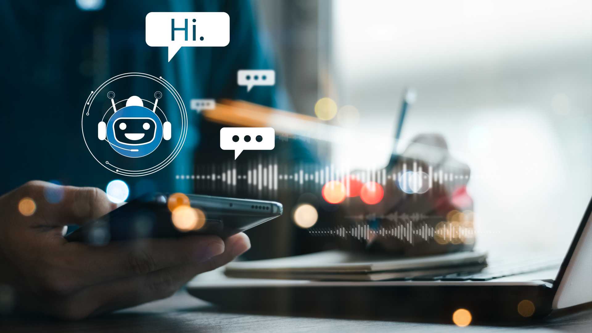 a graphic of an AI chat bot saying "hi" lays over a photo of someone holding their cellphone while taking notes and sitting in front of a laptop