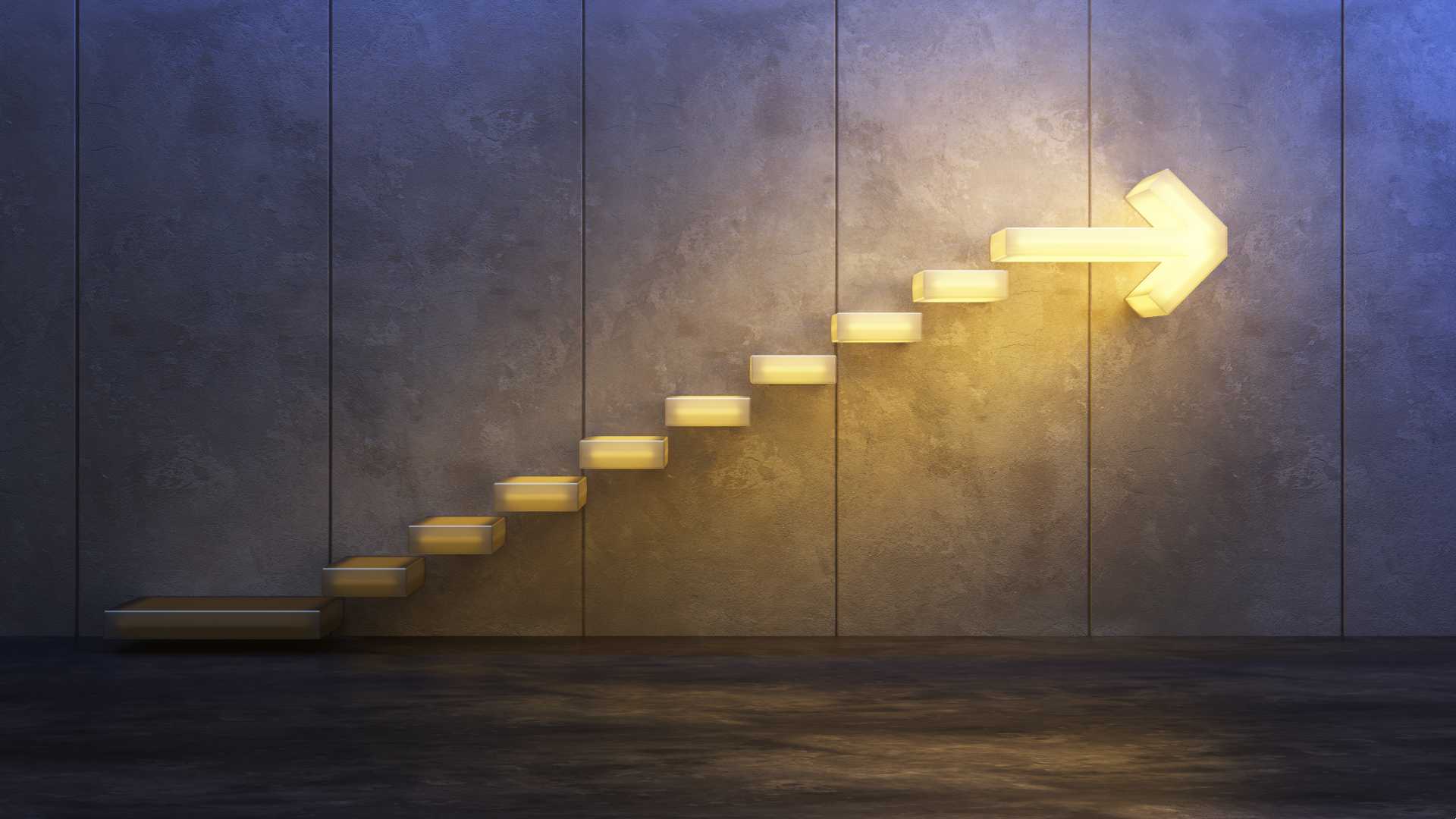 stairs going upward with an arrow pointing right at the top, 3d rendering