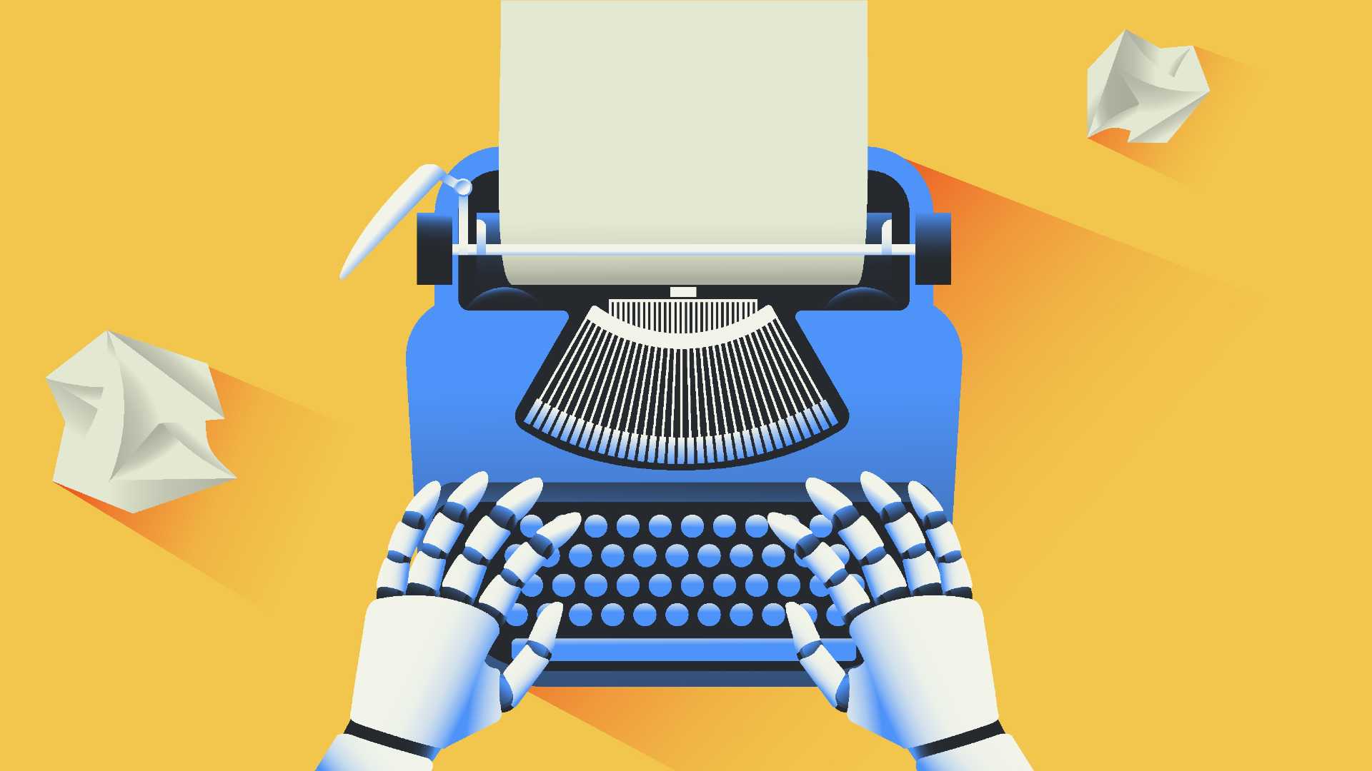 an android's hands rest on a typewriter