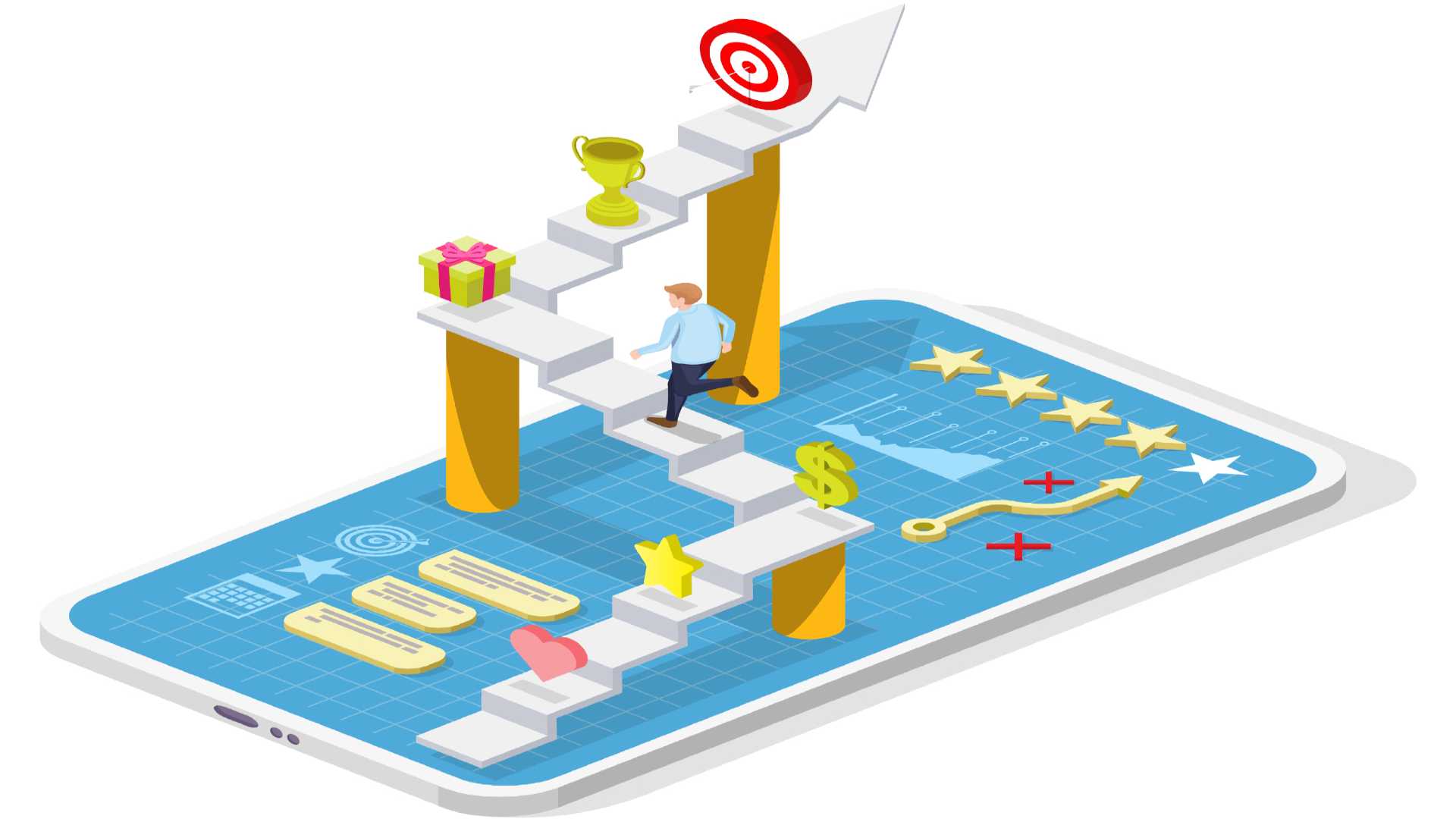 illustration of a person climbing an obstacle course on a cell phone screen to represent gamification elements