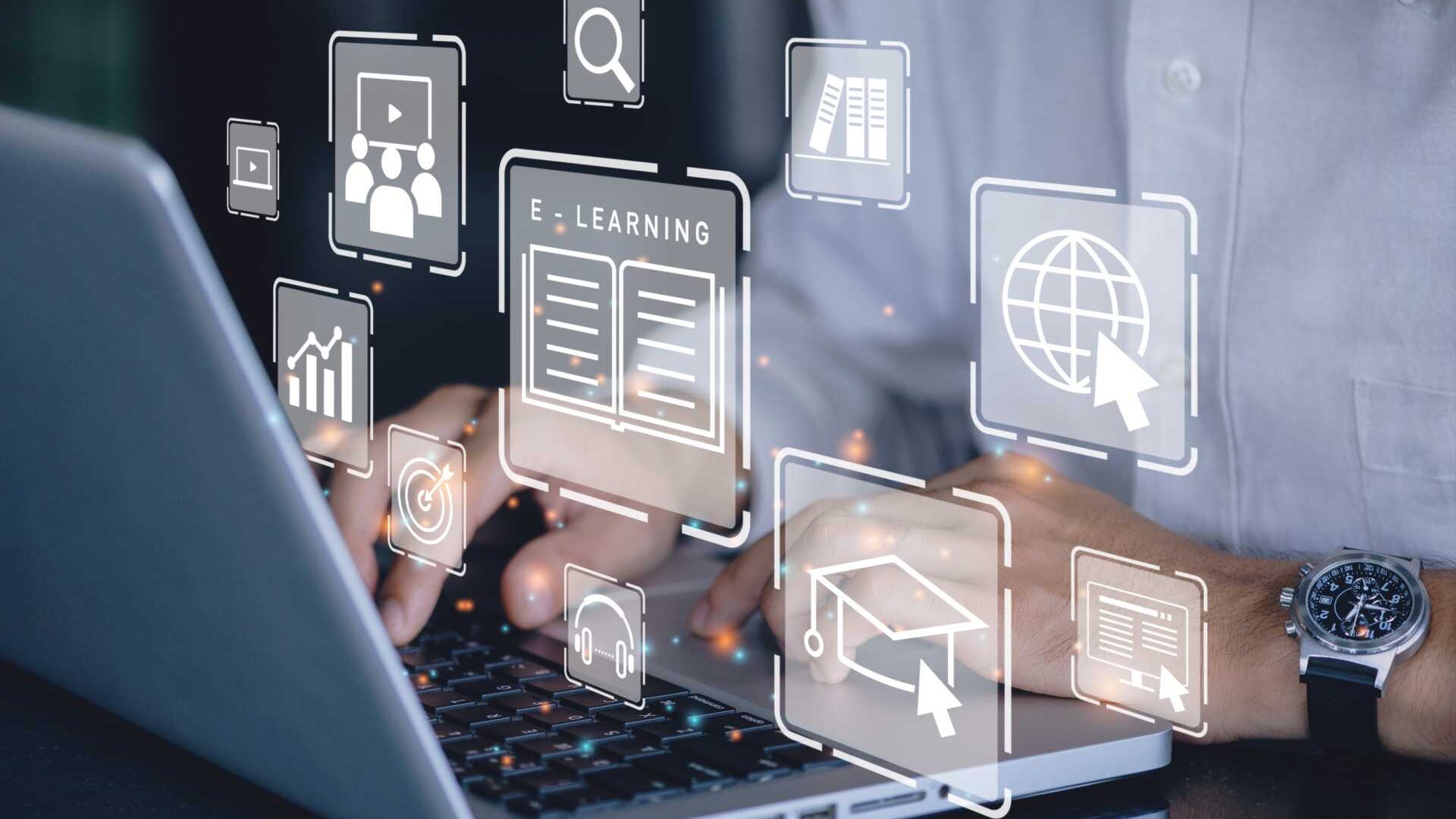 Hands on a laptop with a graphic interface representing artificial intelligence in eLearning capacities