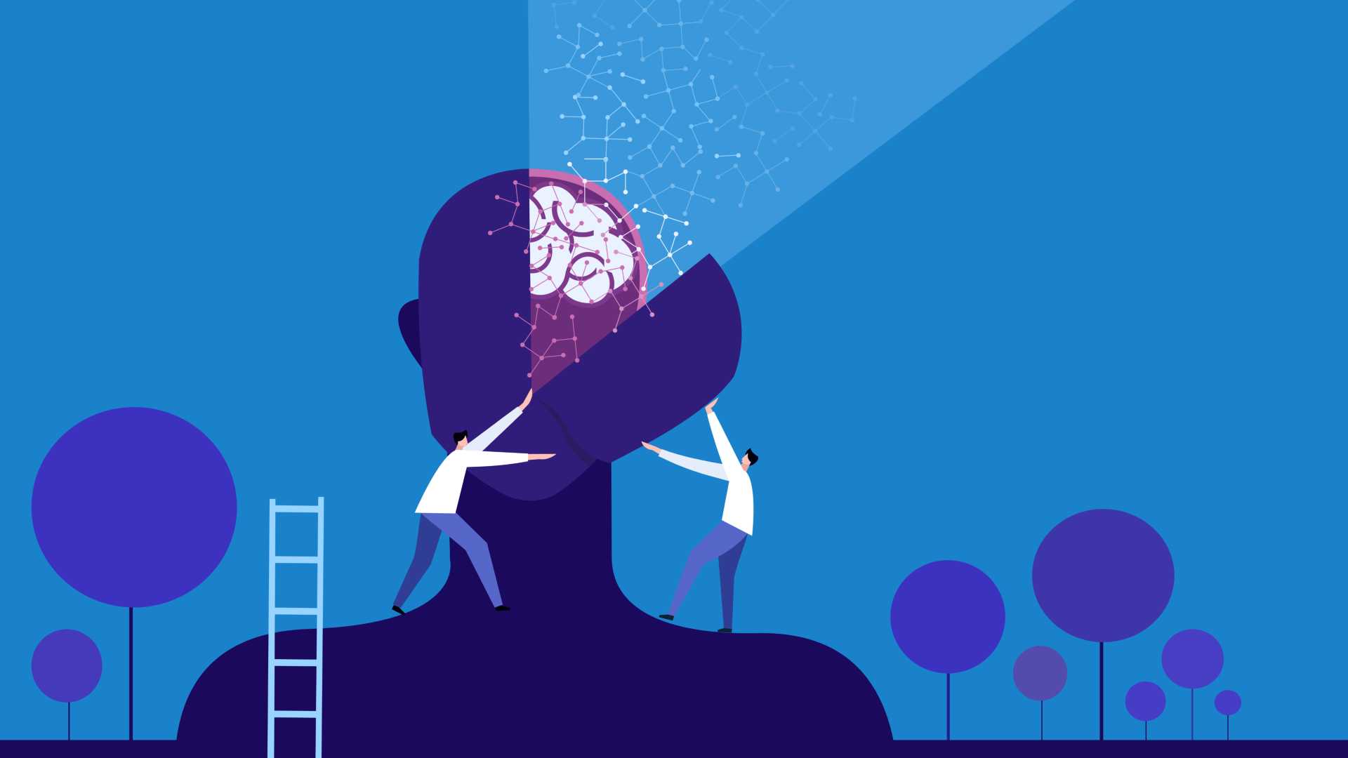 A graphic image depicting neuroscience, blue background with an open brain and brainwaves