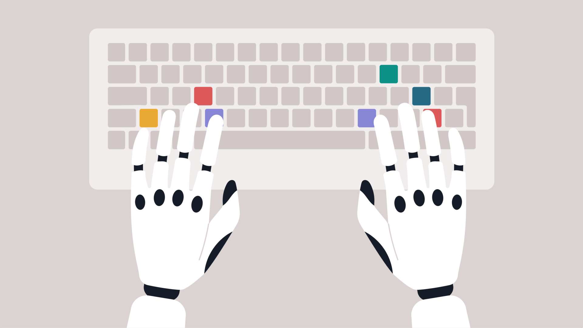 A top view of robotic hands typing on a keyboard, machine learning concept, futuristic technologies