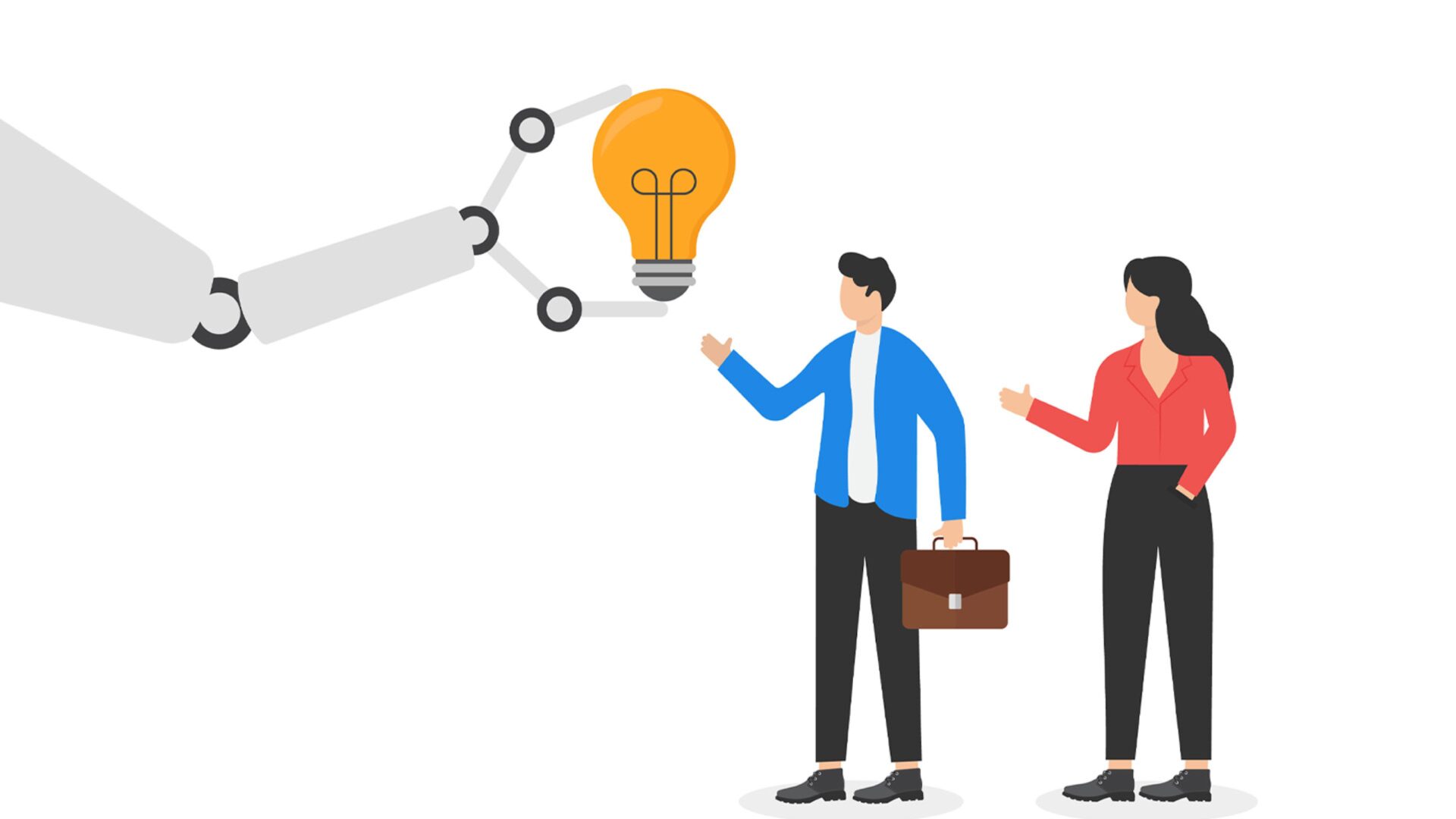 A graphic robotic arm holding a light bulb next to two businesspeople