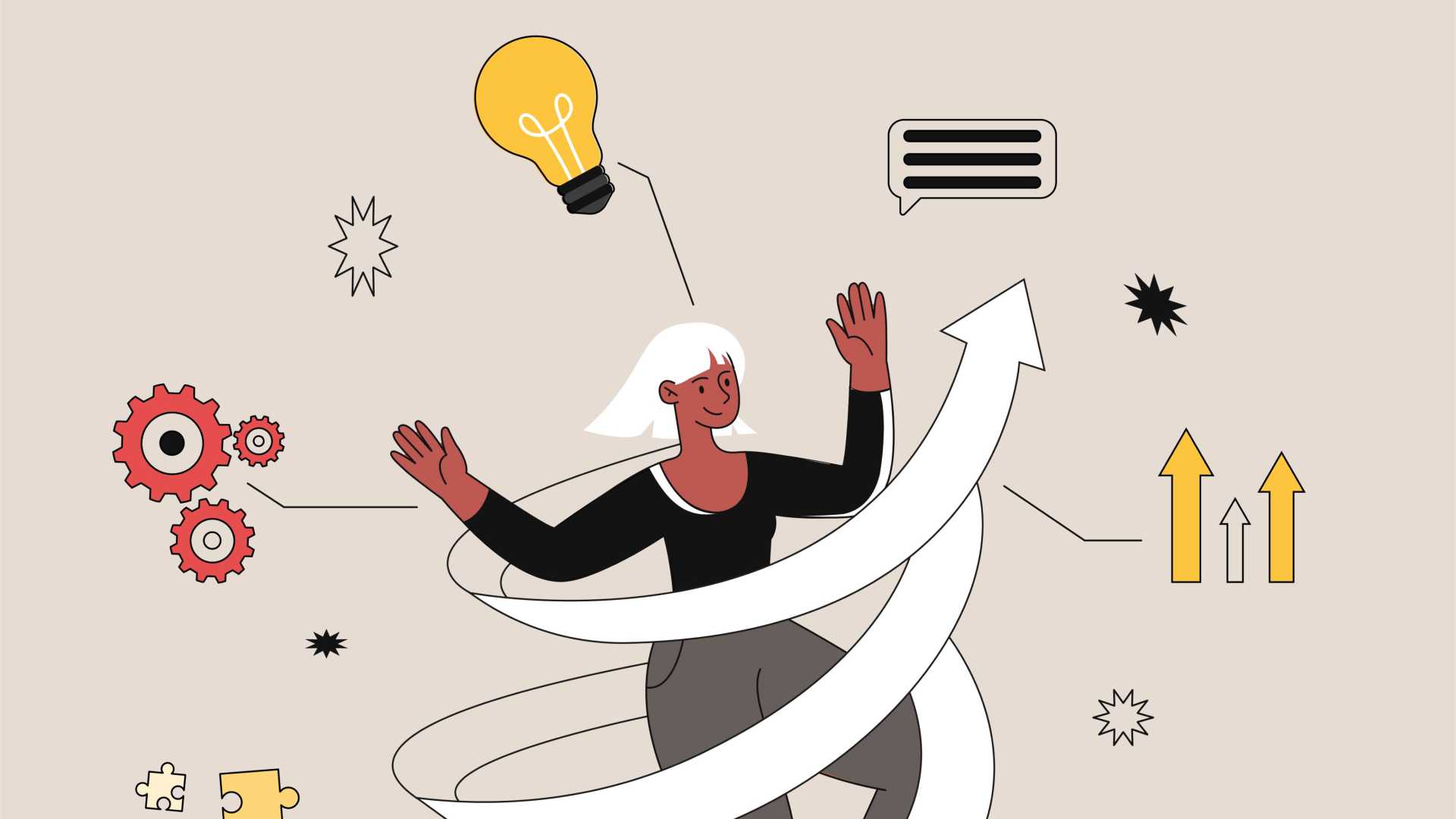 Animated person being hovering within a white arrow curled around them with bright yellow and black icons representing a puzzle, lightbulb and stars.