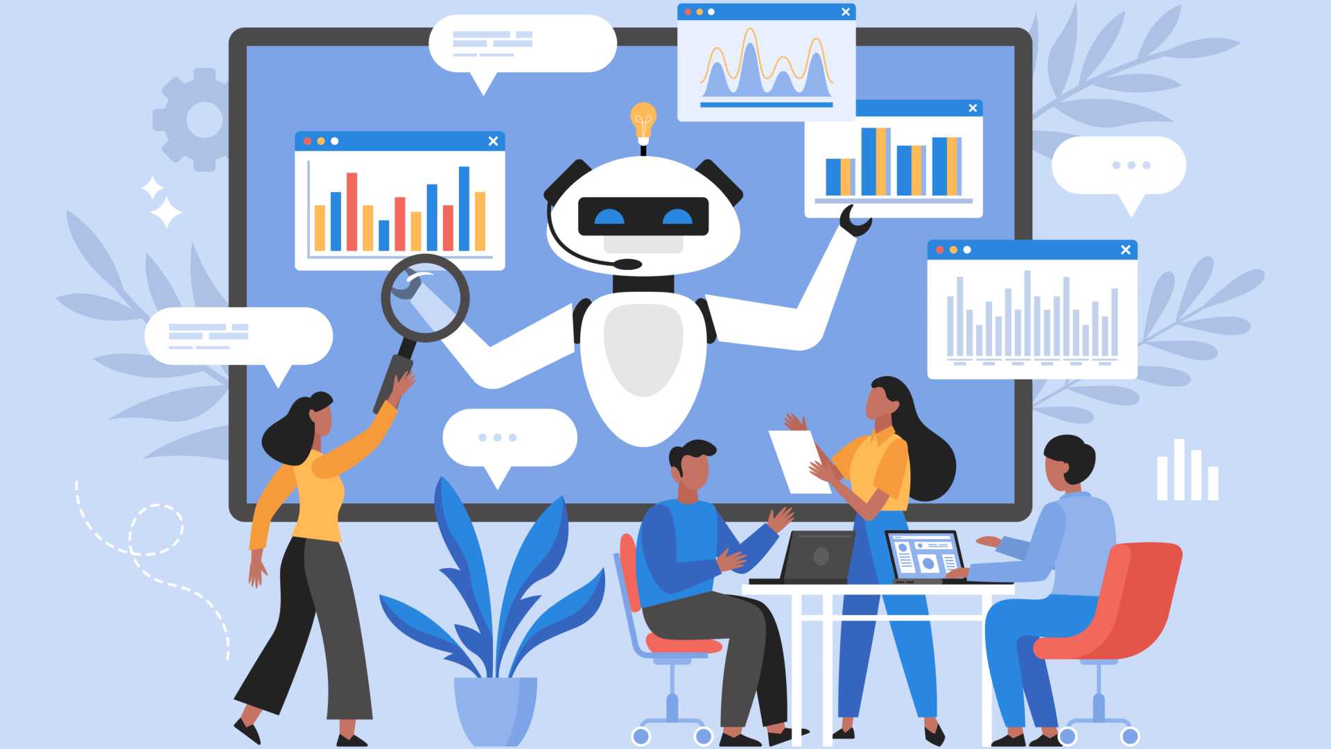 illustration of people using AI technology for charts and marketing strategy