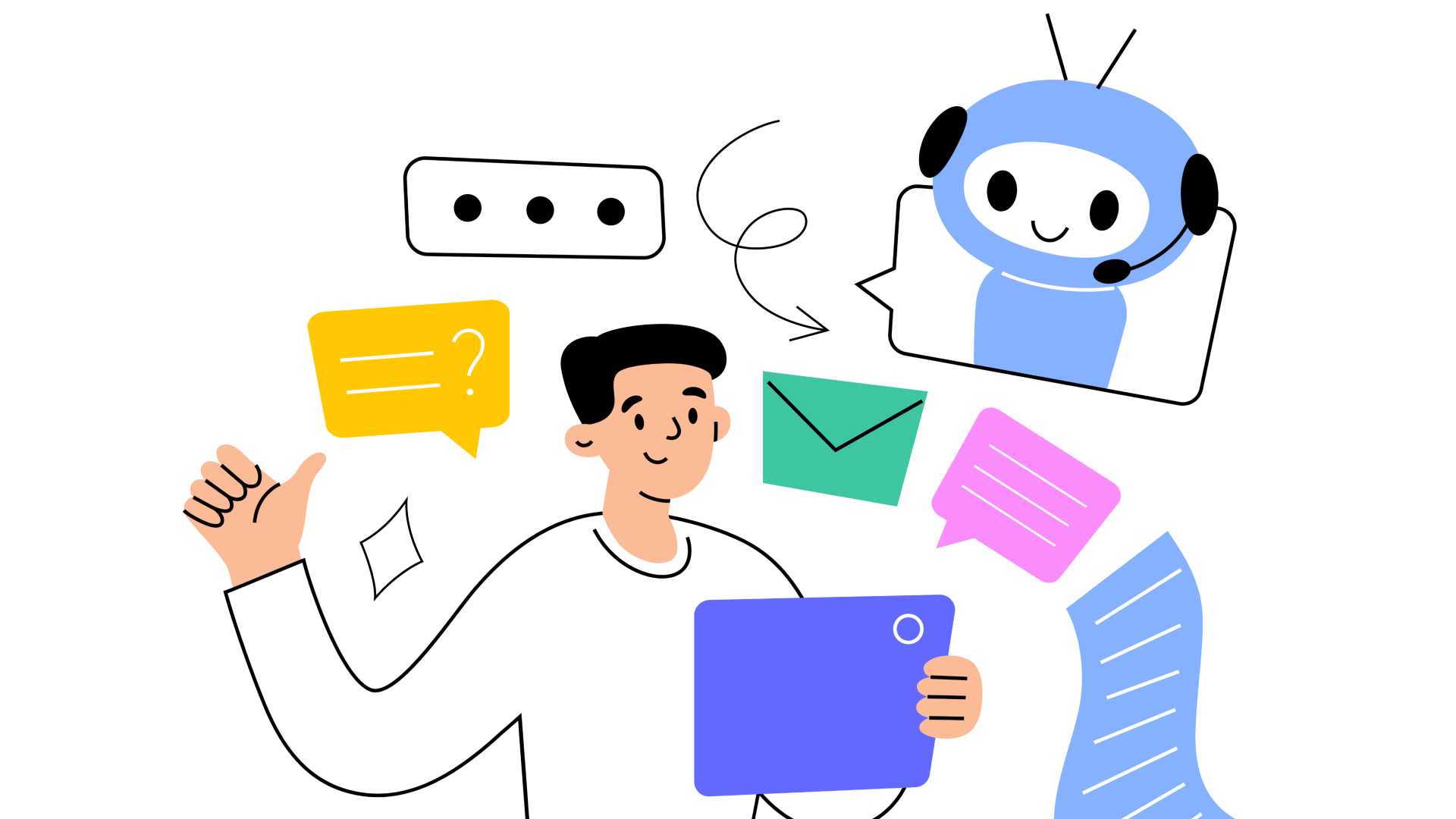 Animated colleague with colorful animated mails and chat boxes with an artificial intelligence AI bot to assist.