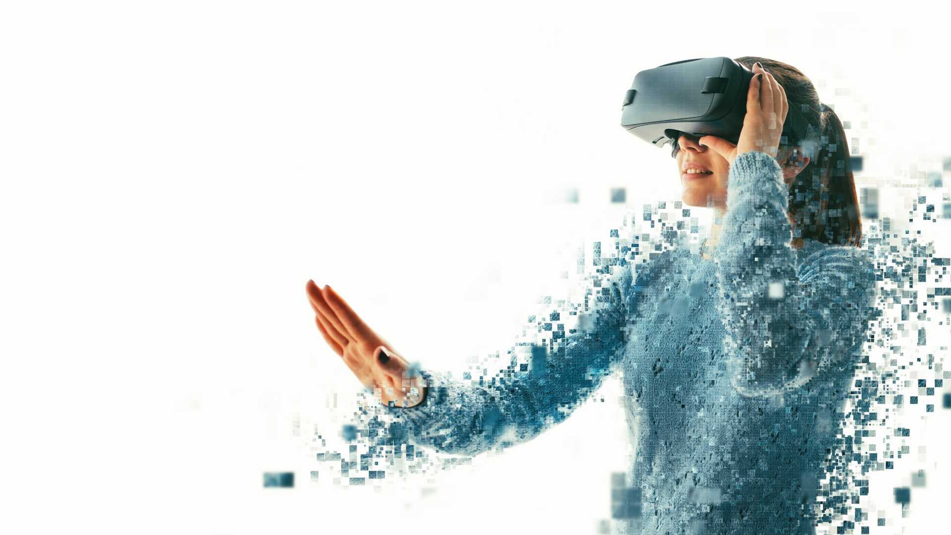 The woman with glasses of virtual reality has pixels circulating her.