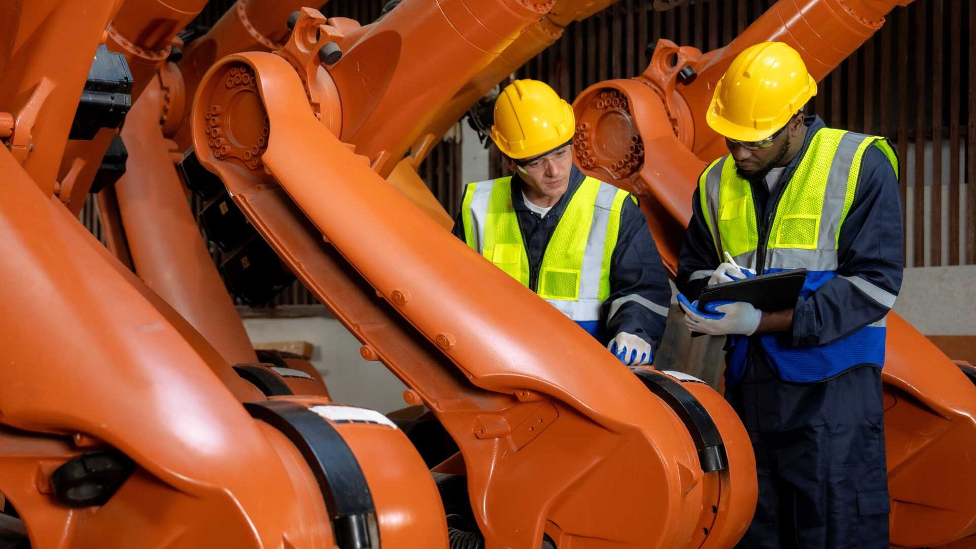 Two construction workers discussing a plan