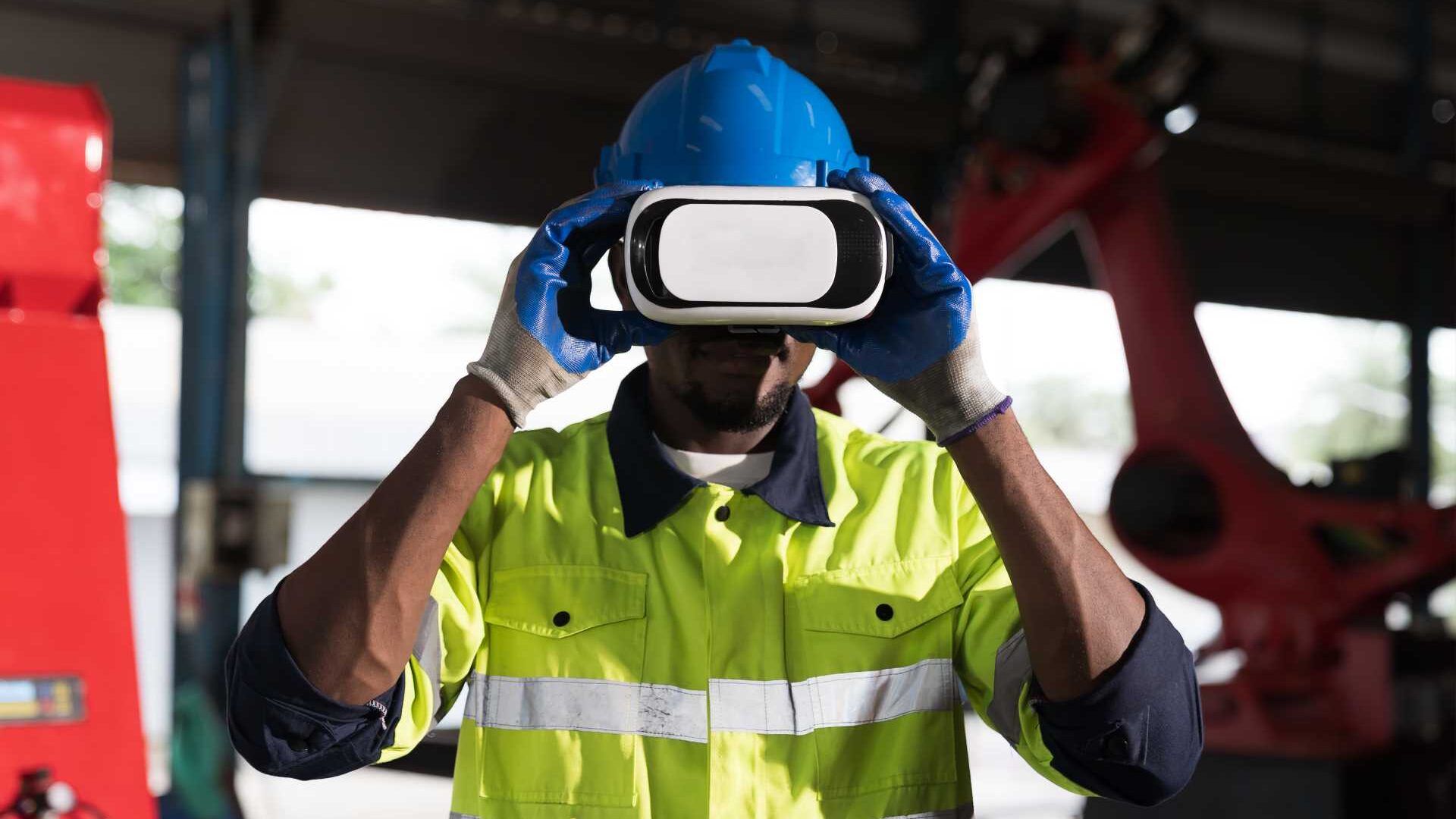 Construction Worker has a pair of VR googles on