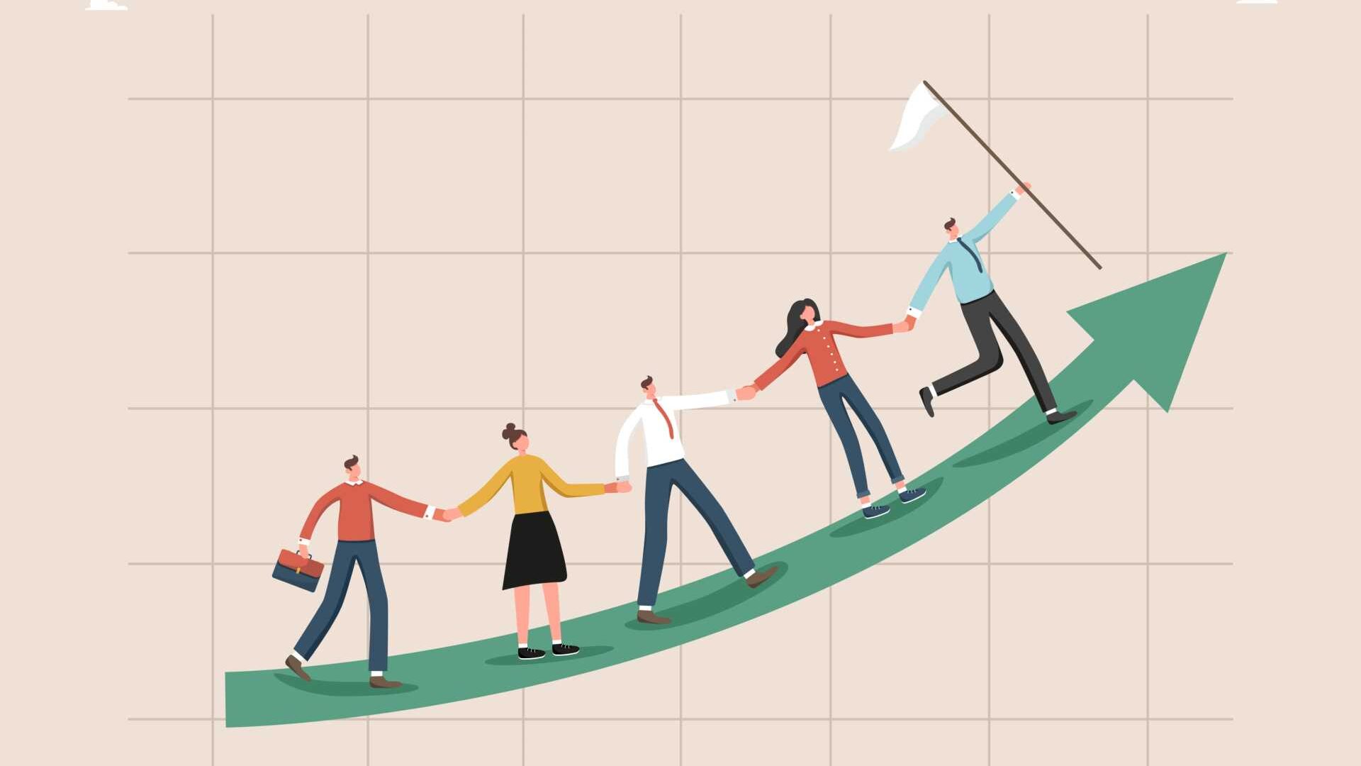 People holding hands and going up on an arrow.