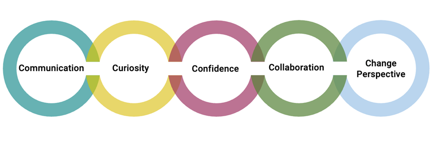 Circle Graph with the words communication, curiosity, confidence, collaboration, change perspective