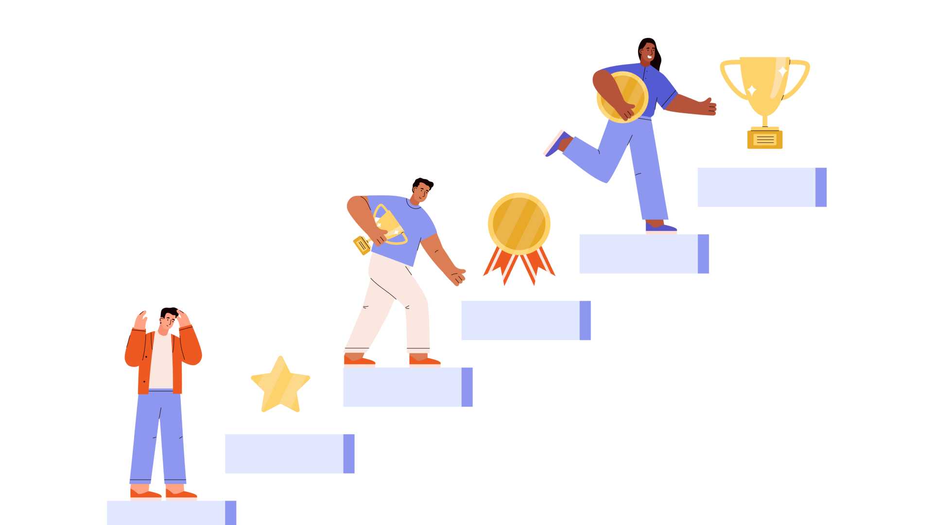 Illustrated people going up light and dark lavender steps to collect giant illustrated gold coins and gold trophies toward the top.