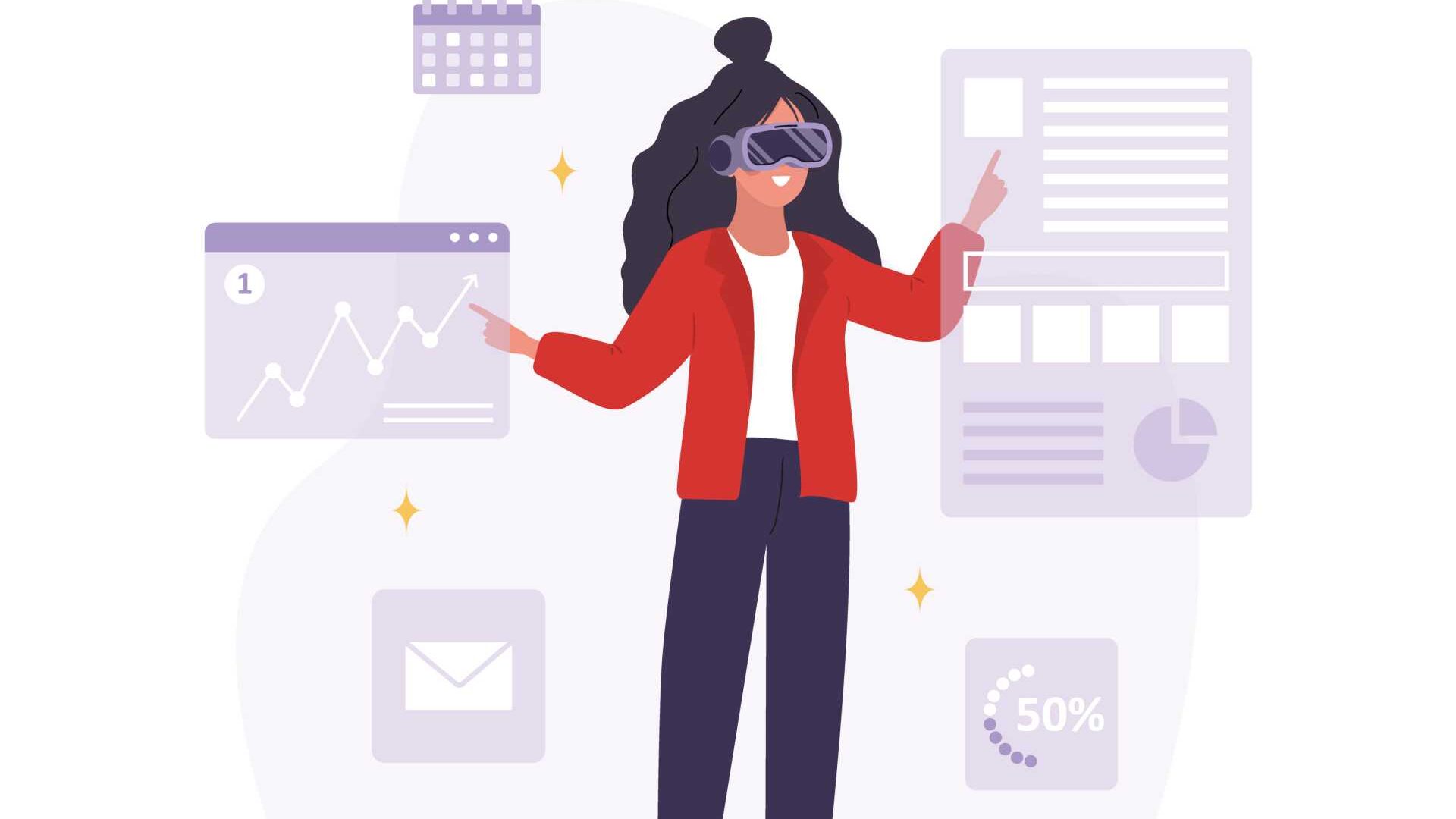 Cartoon woman wearing VR googles.