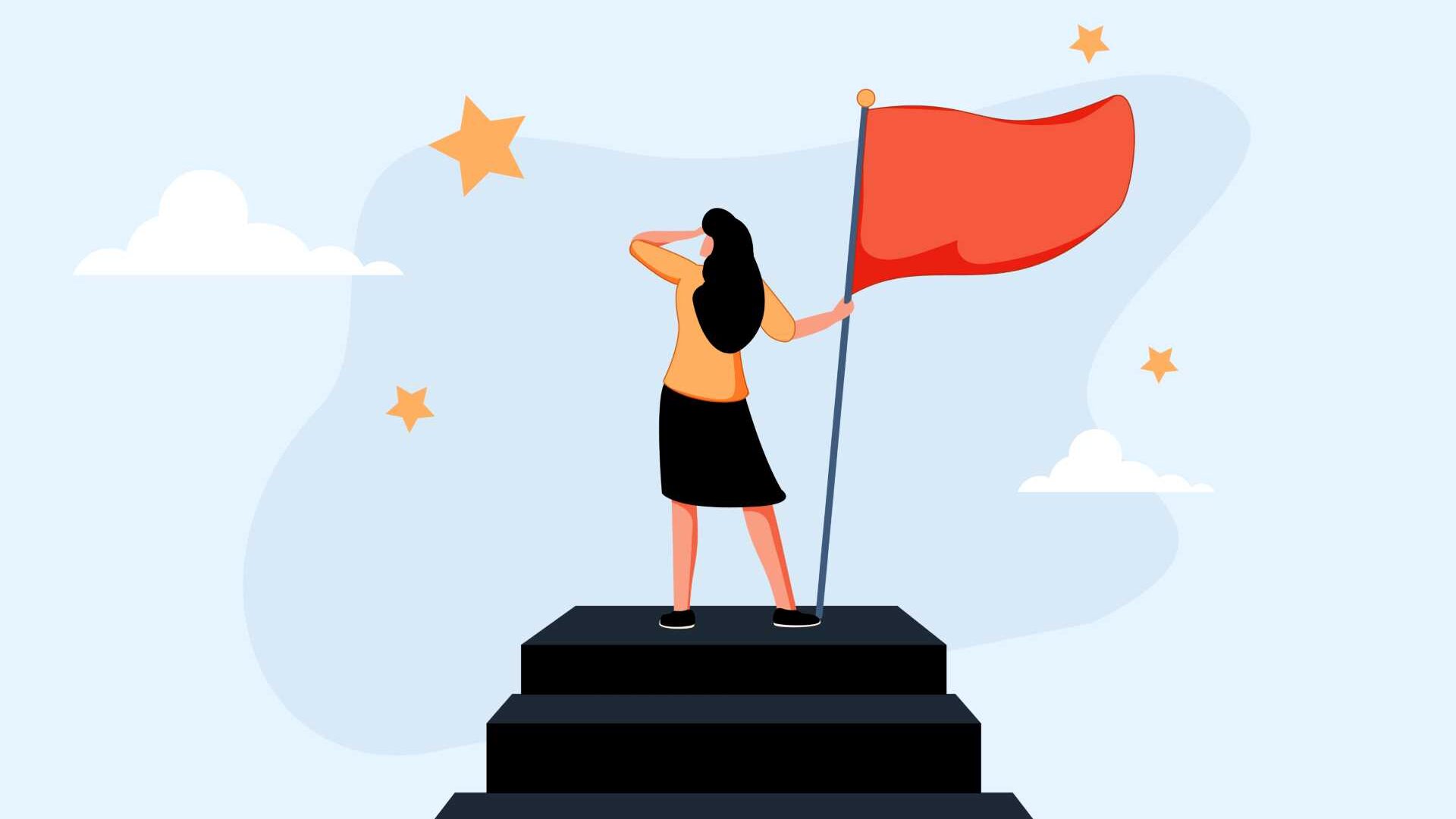 Cartoon woman looking over a mountain holding a red flag.