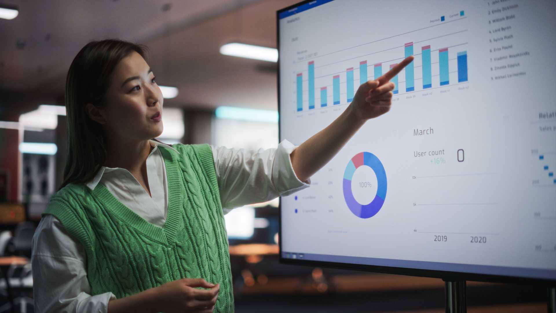Woman is pointing to the screen teaching something