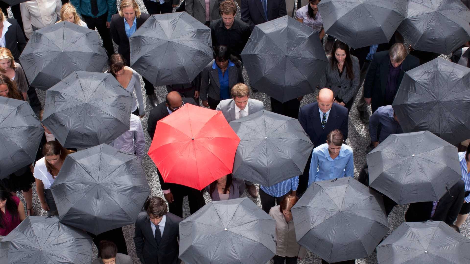 Group of black umbrellas all gather around a single red umbrella