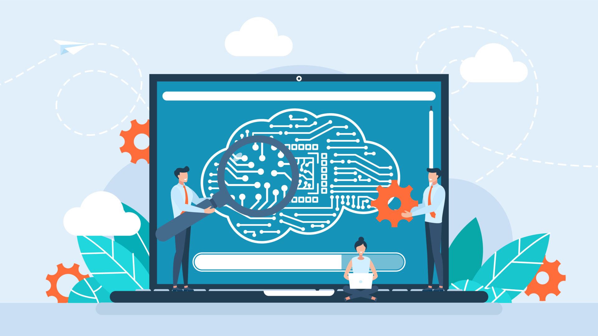 Two cartoon characters with a computer that has an image of a brain.