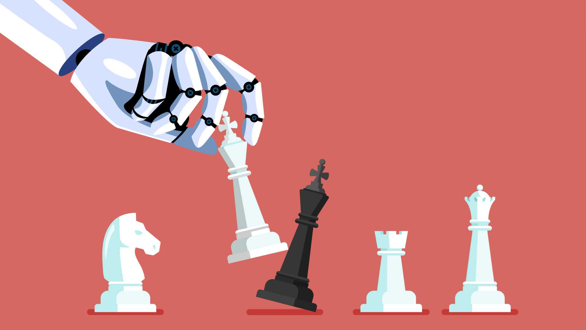 Robotic AI assistant chrome arm and hand playing chess.