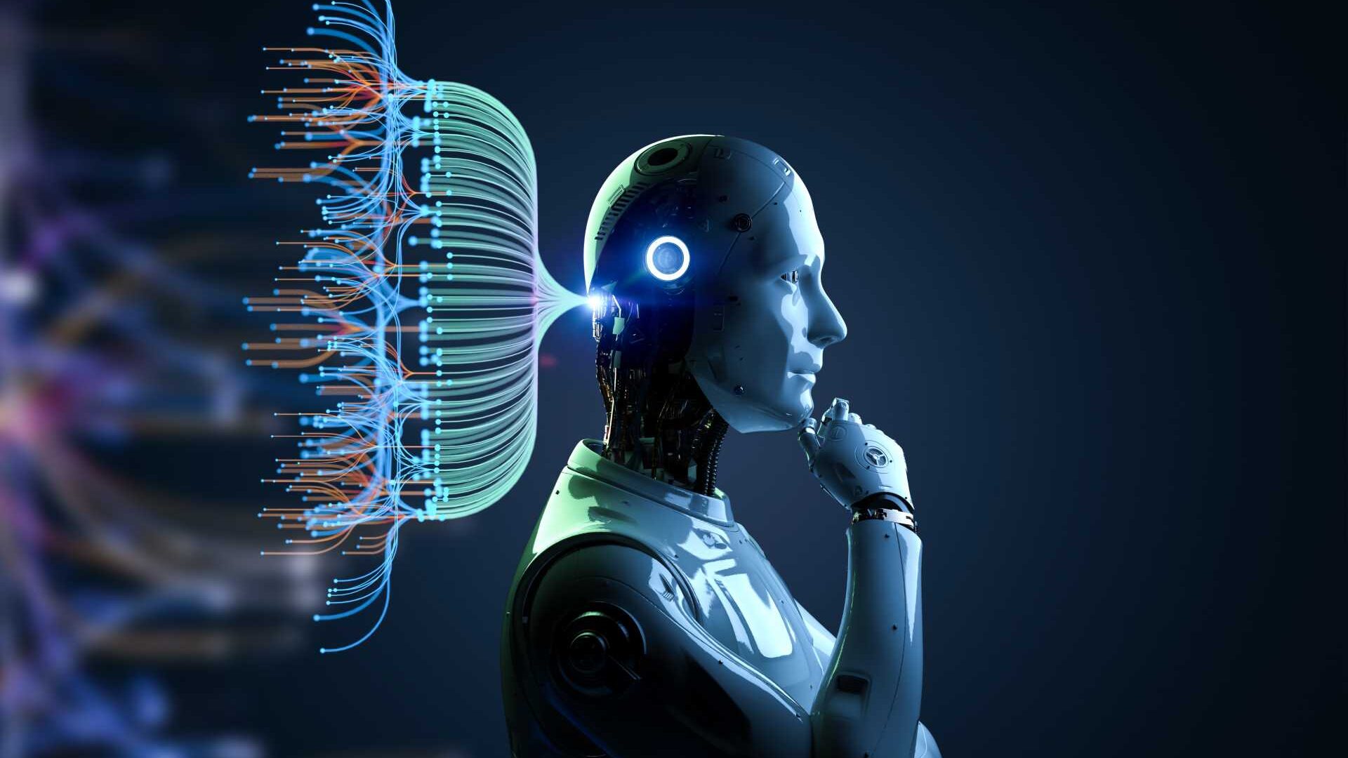 Robot with electrical lines coming out of the skull.