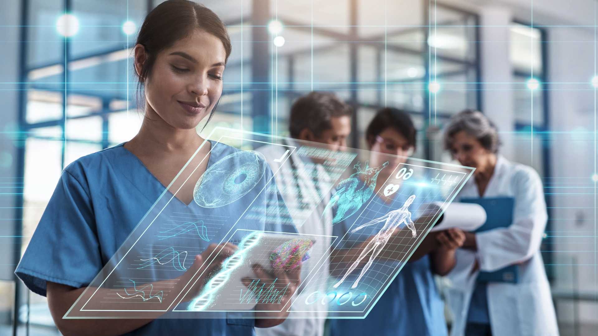 Woman using AI technology in healthcare.