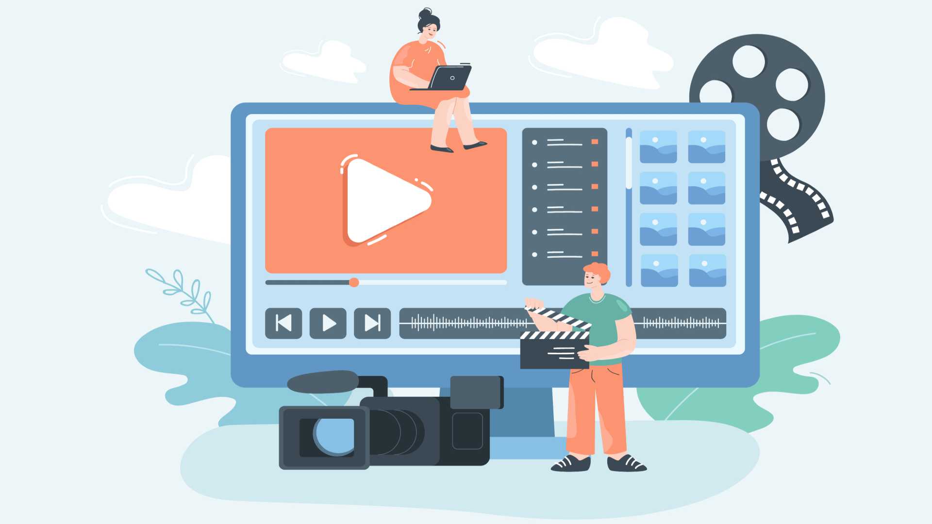 Tiny people editing footage on huge computer.