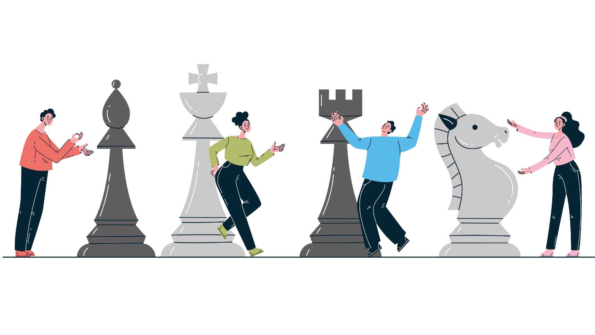 Illustrated image of people standing with different chess pieces as if in a life-sized game