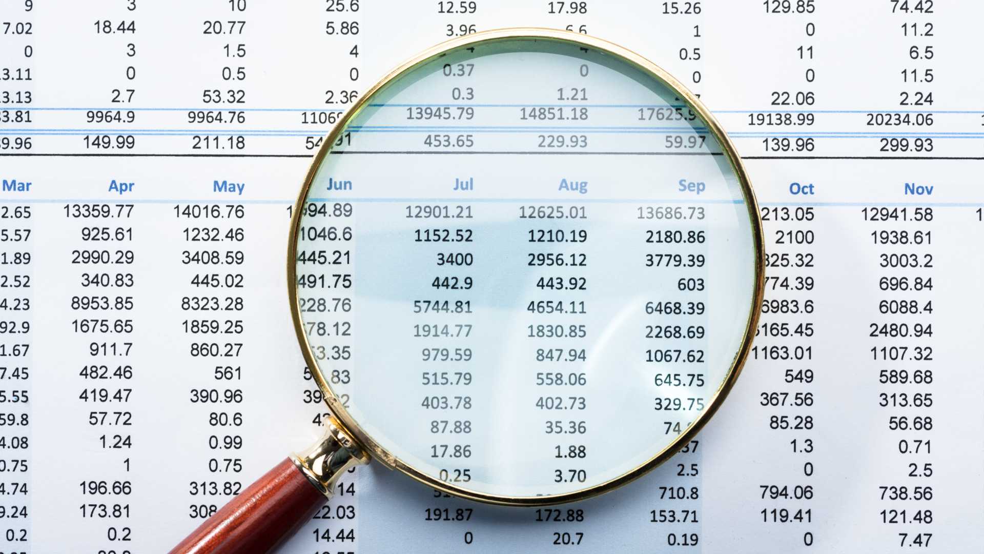 Maginifiyng glass looking through numbers.