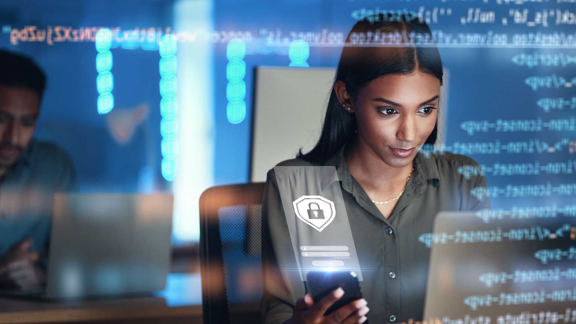 Woman looking at AI Cybersecurity.
