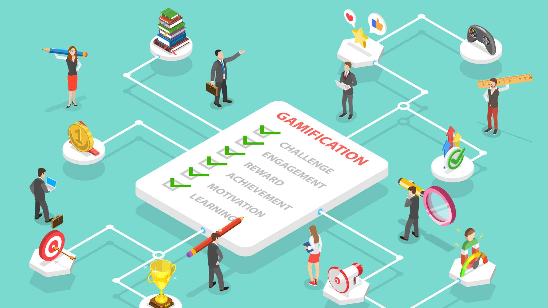 Group of cartoon people using gamification skills.