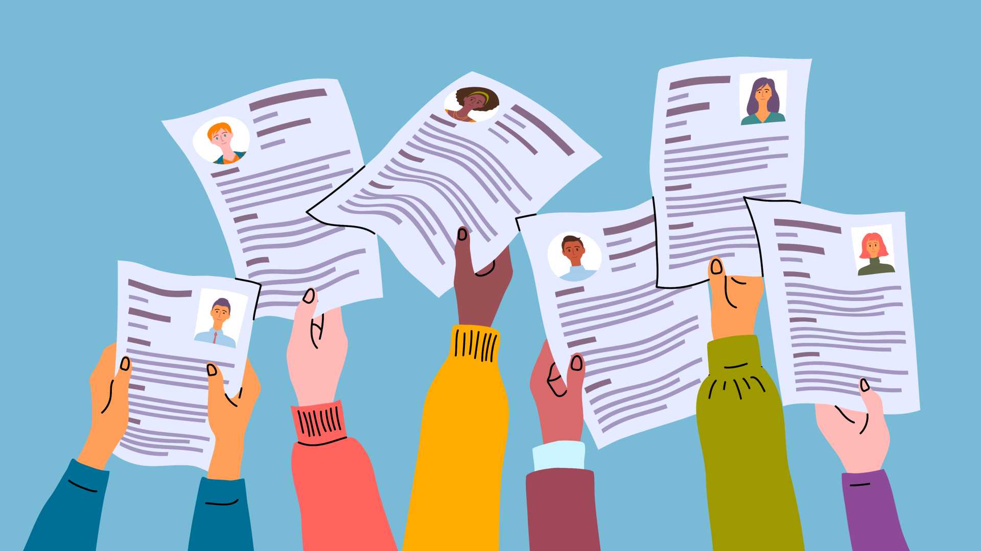 Hands holding up resumes in the air against a blue background