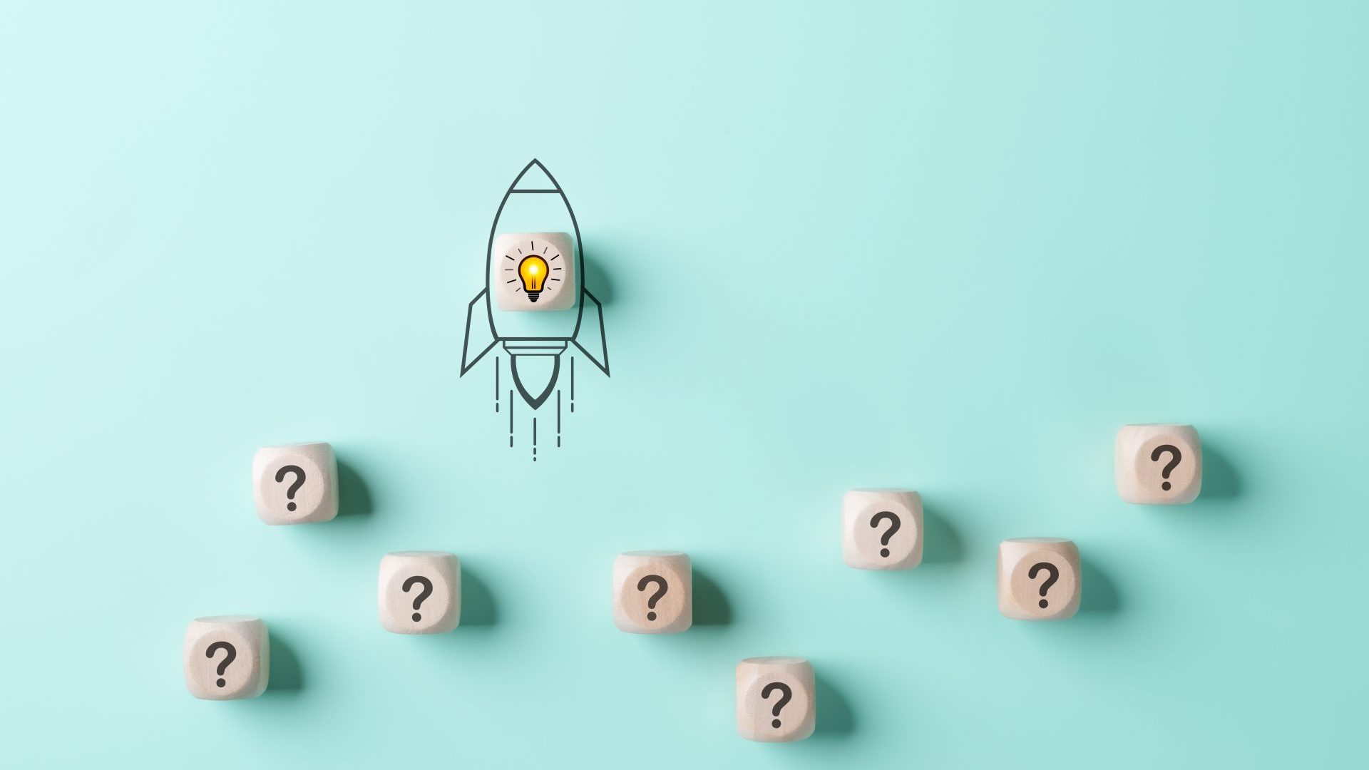 A rocket representing high performance and growth against a blue background with question mark boxes representing uncertainty