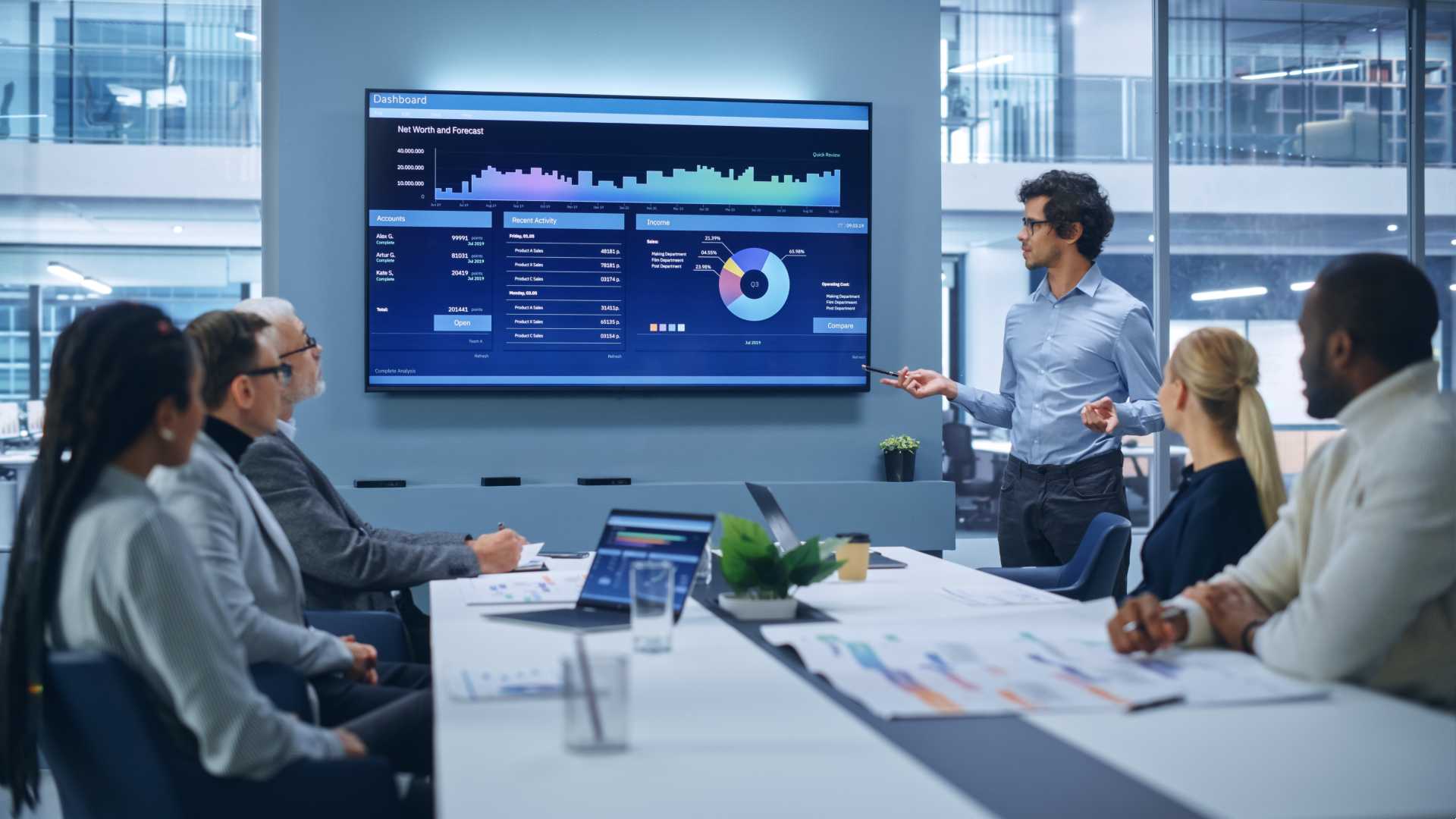 Man showing his coworkers graph.