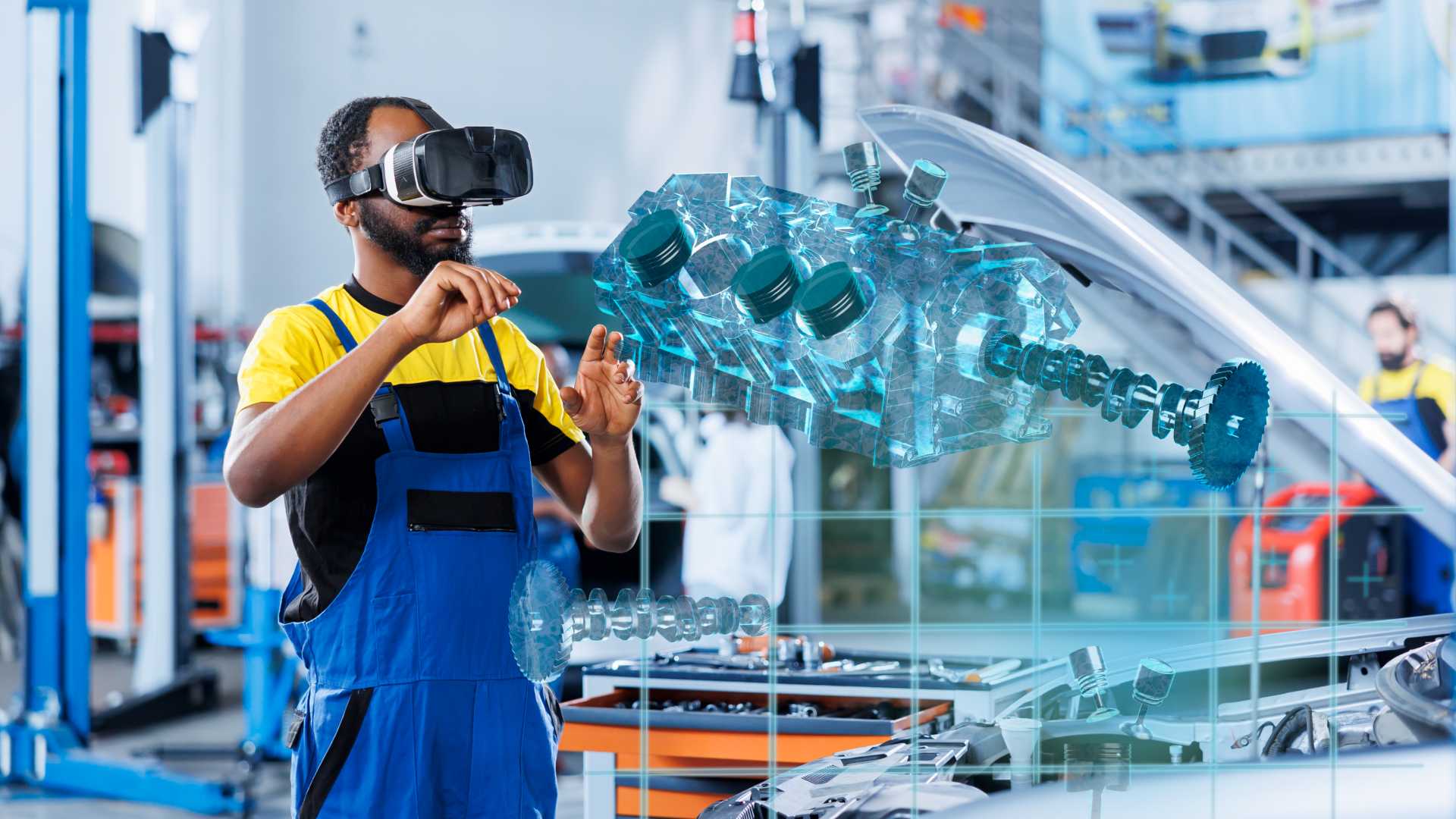Worker using VR headset for work.