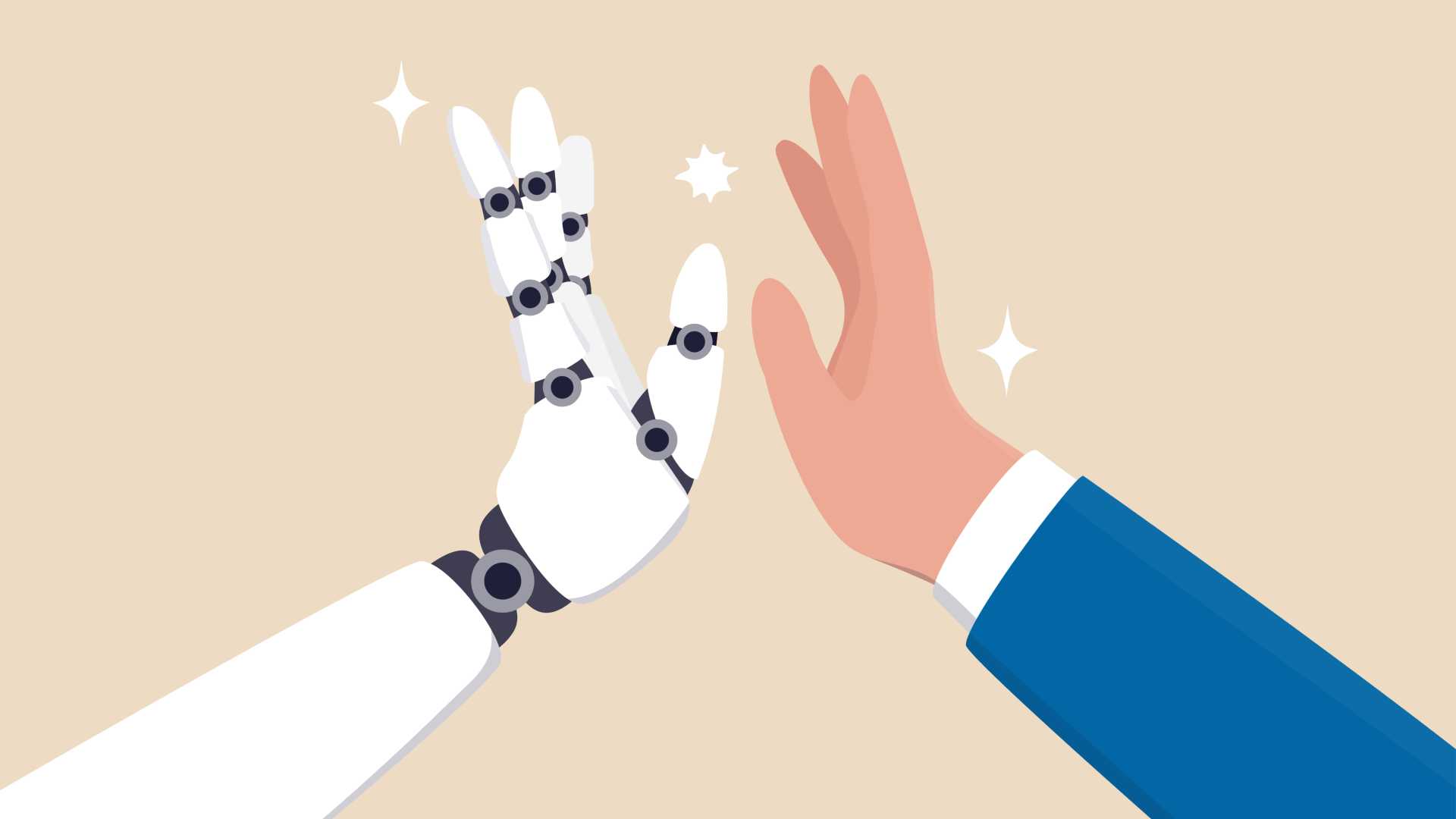 Cartoon hand high fiving a robot hand.