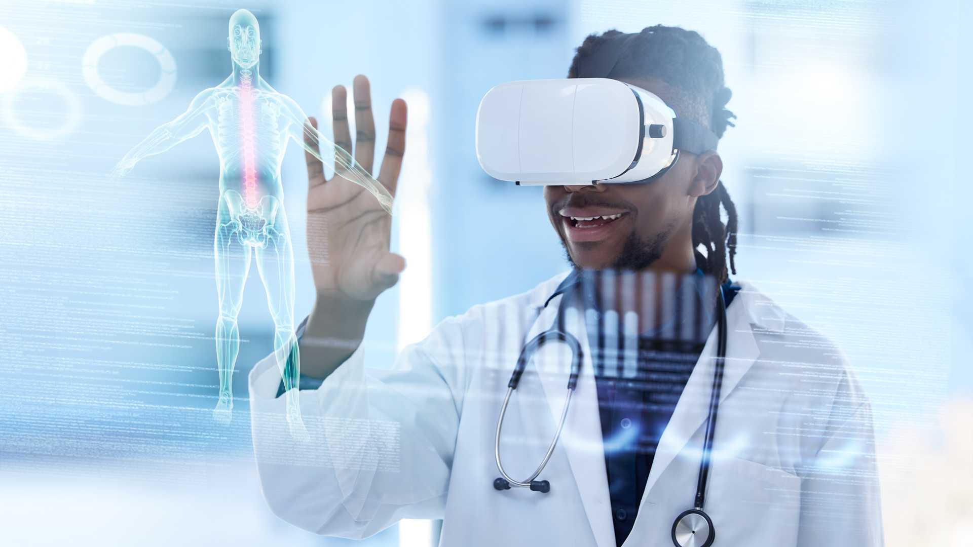 Healthcare professional using AI head gear.