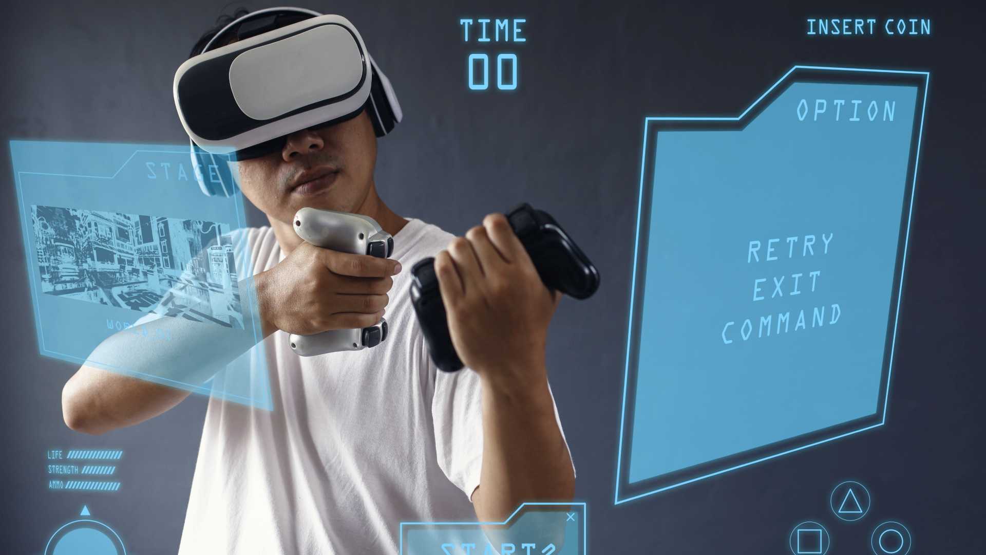 Man playing VR first person shooter game.