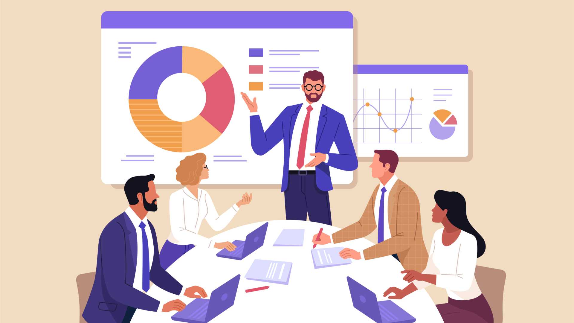Cartoon figures in a team meeting with a male figure leading.