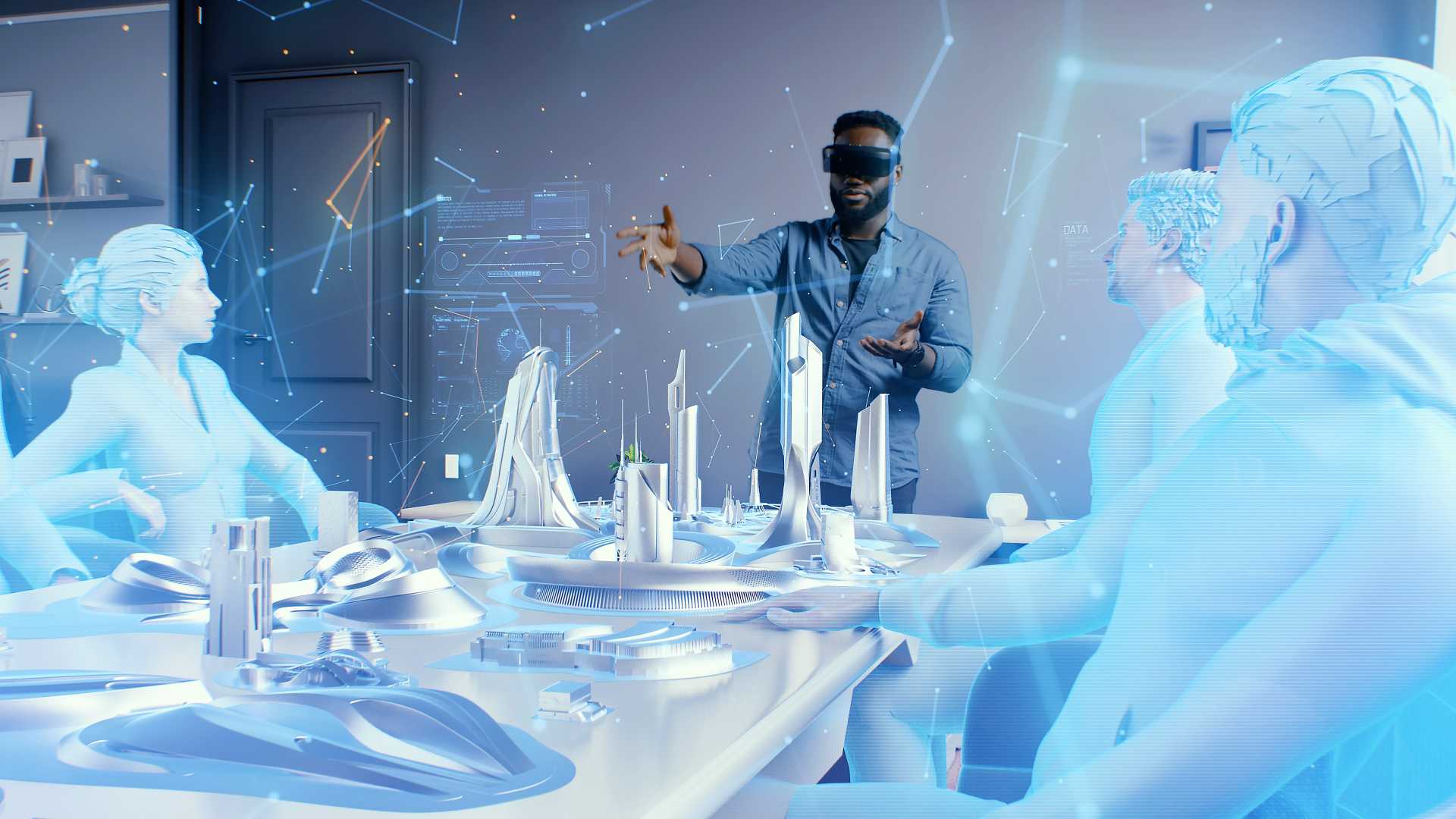 Man using VR googles in a team meeting with virtual attendees.