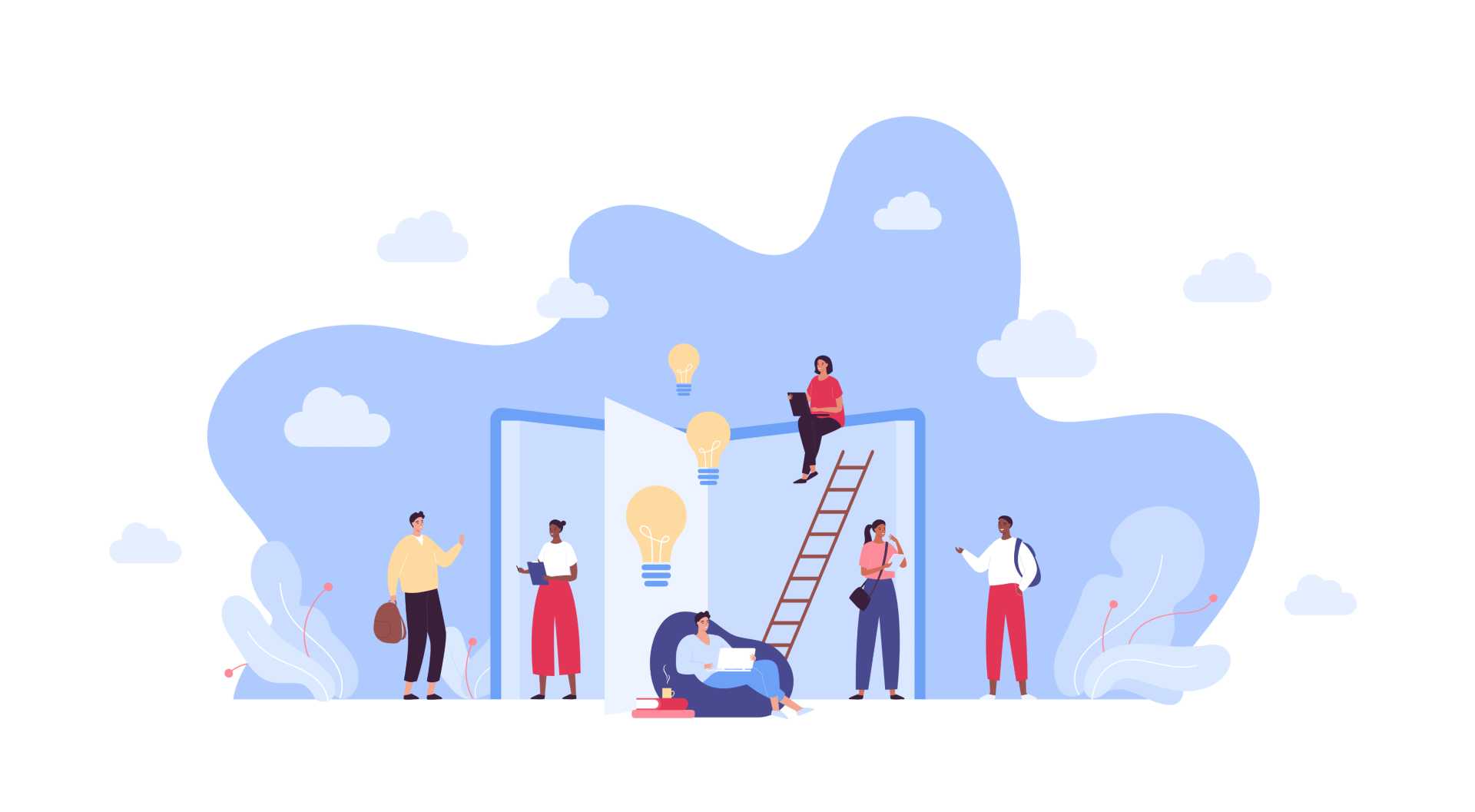 Animated cartoon of coworkers in a simulated virtual blue background.