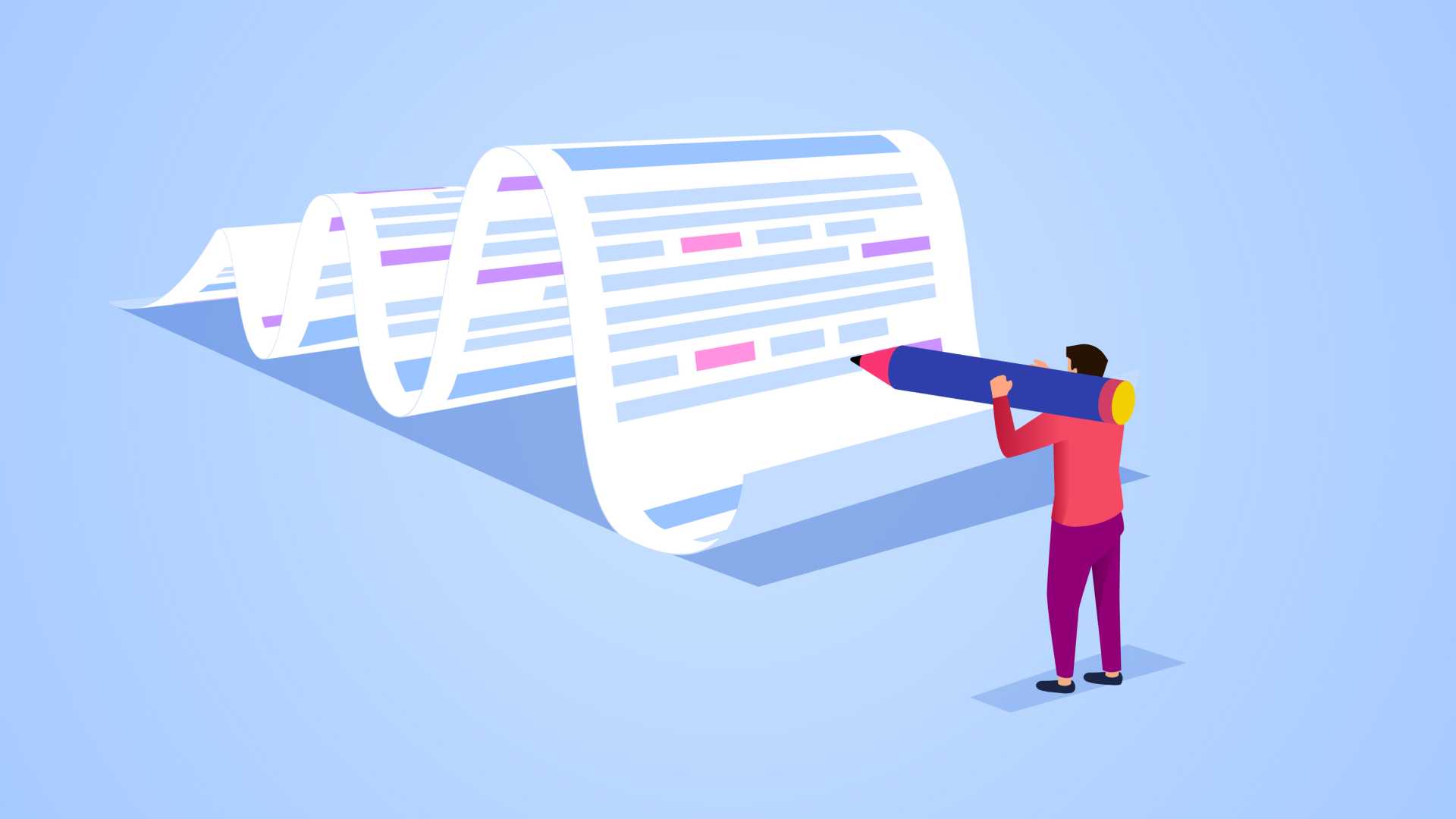 A graphic image of a person writing on a document against a blue background