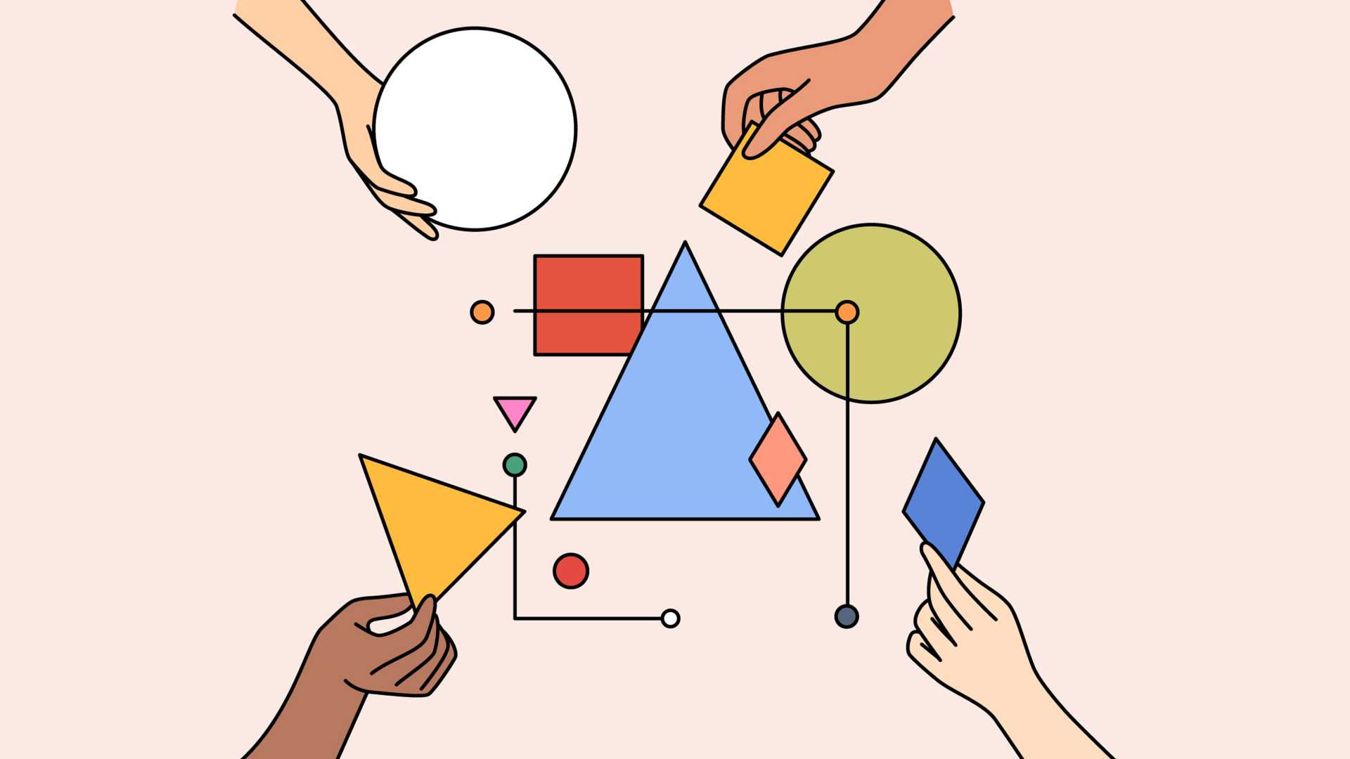 Multiple hands pushing together different shapes.